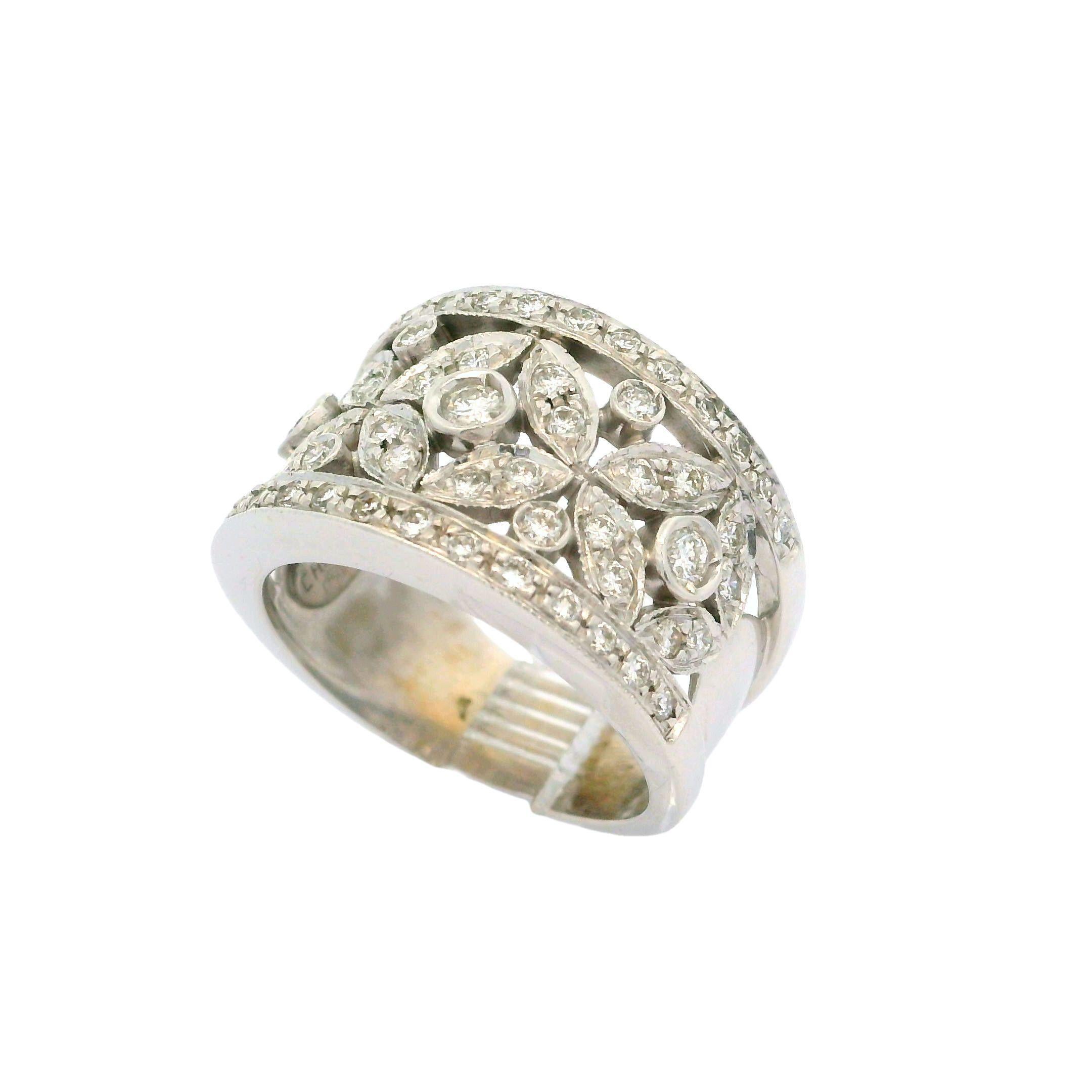 Chimento 18k White Gold 1ctw Diamond Floral 13.4mm Wide Band Ring In Excellent Condition In Montclair, NJ