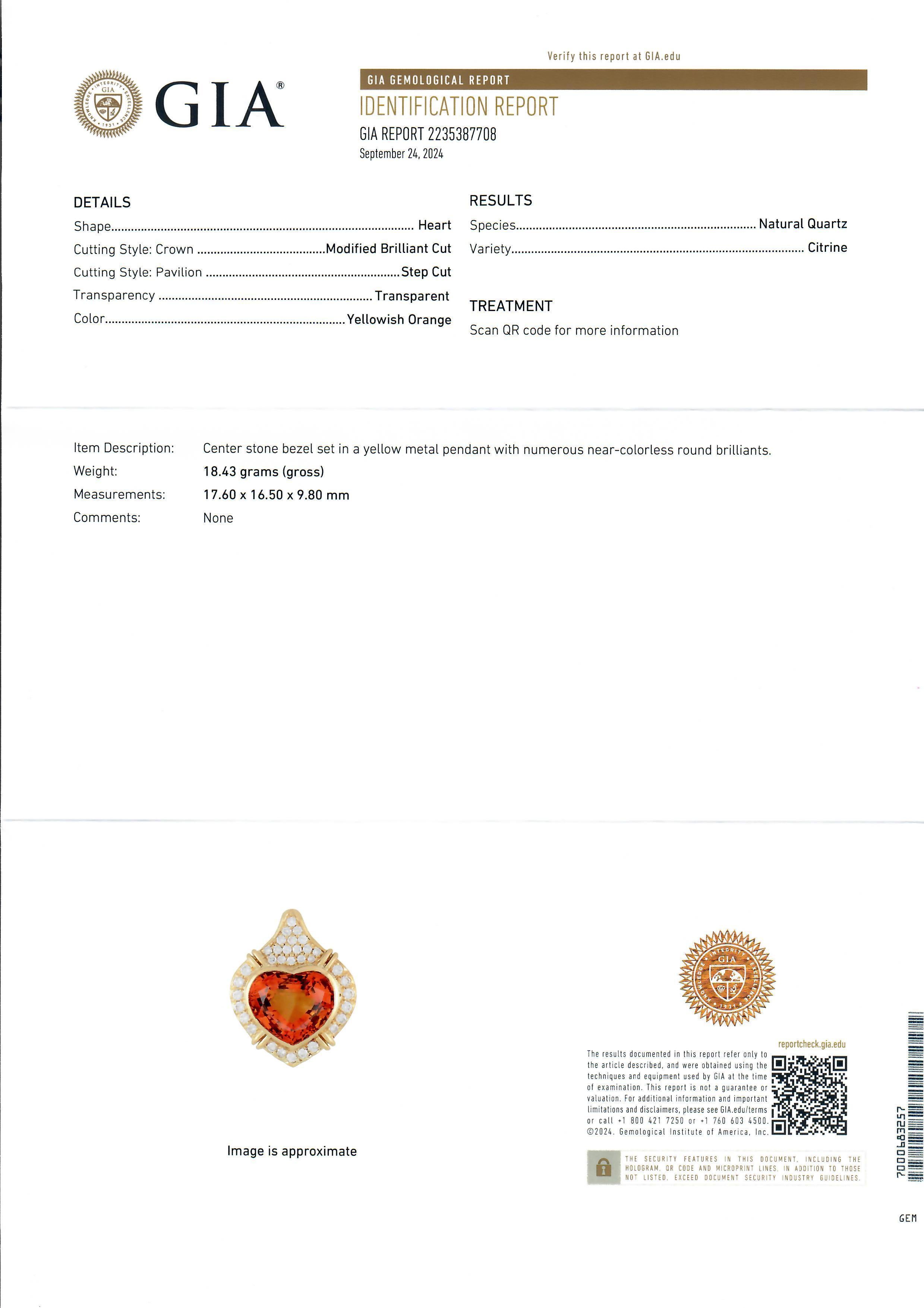 Pendentif Chimento en or jaune 18 carats, citrine GIA et diamant en forme de cœur en vente 1