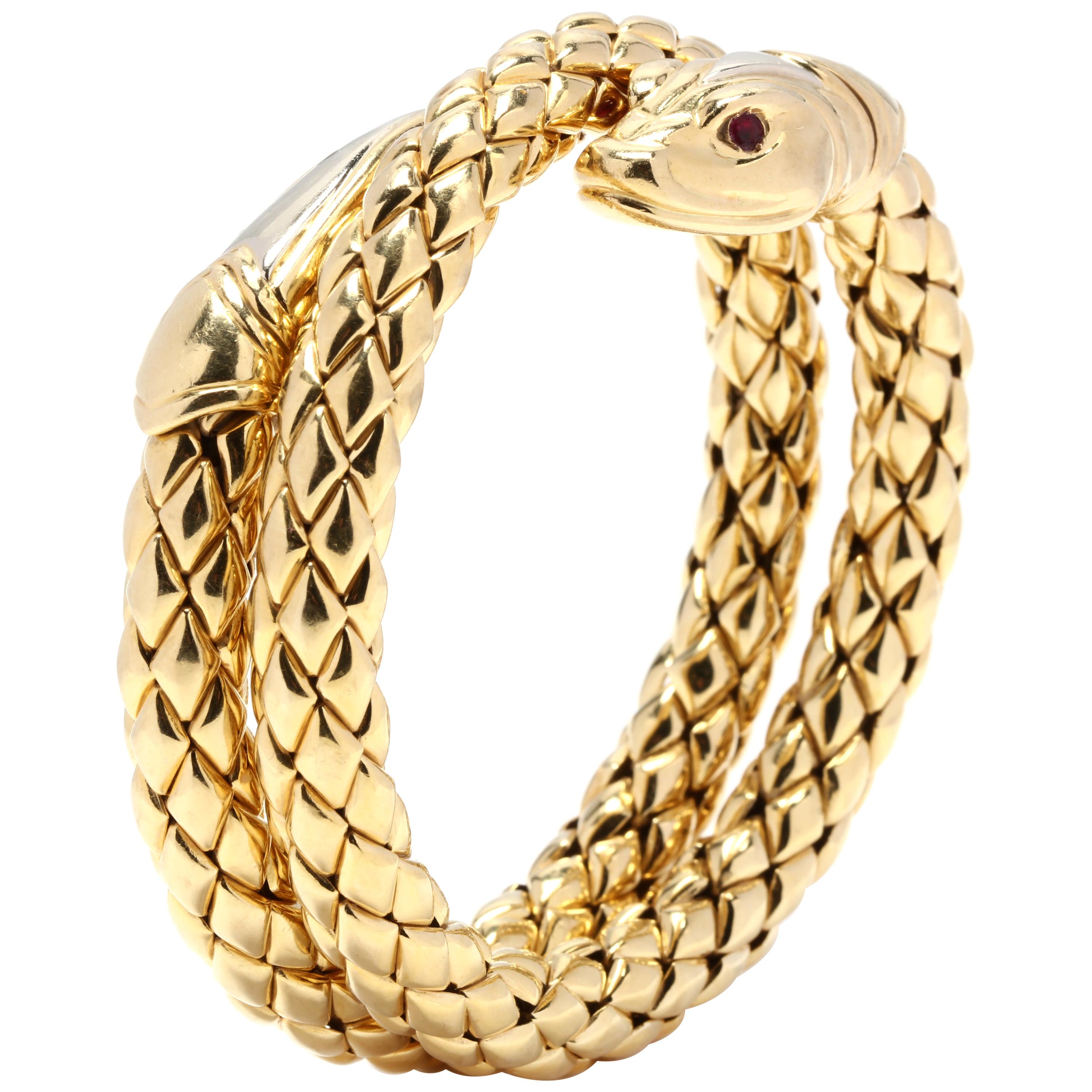 Chimento 18 Karat Yellow Gold and Ruby Double Coil Snake Bracelet