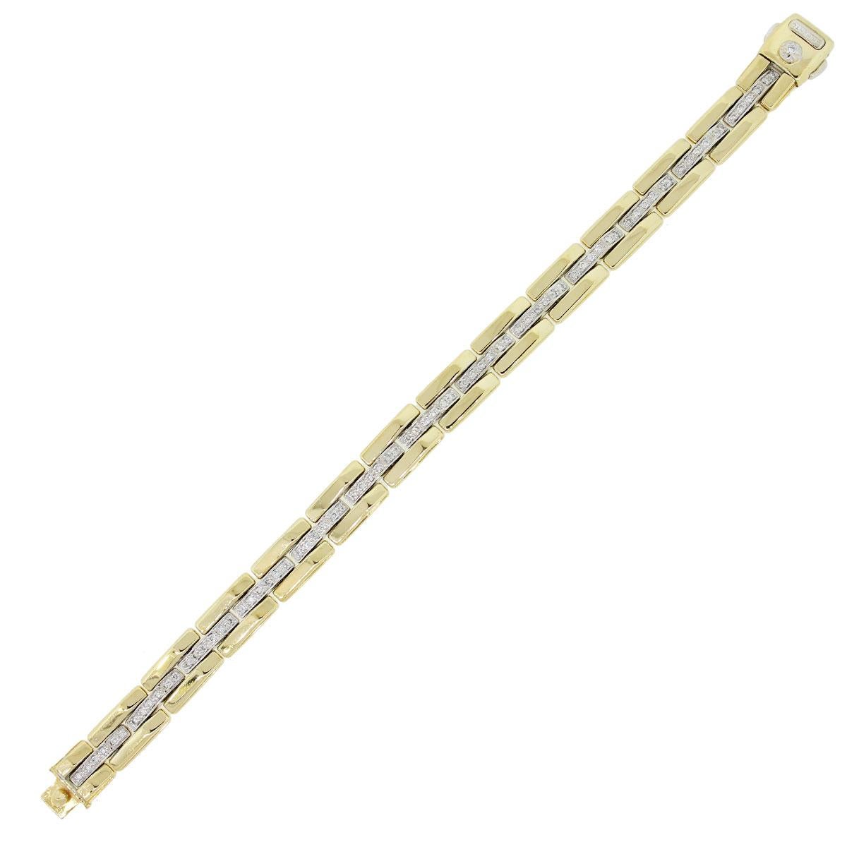Designer: Chimento
Material: 18k yellow gold
Diamond Details: Approximately 0.80ctw of round brilliant diamonds. Diamonds are G/H in color and VS in clarity.
Fastening: Push Lock in place clasp
Measurements: Bracelet is 7.25″ in length, 0.34