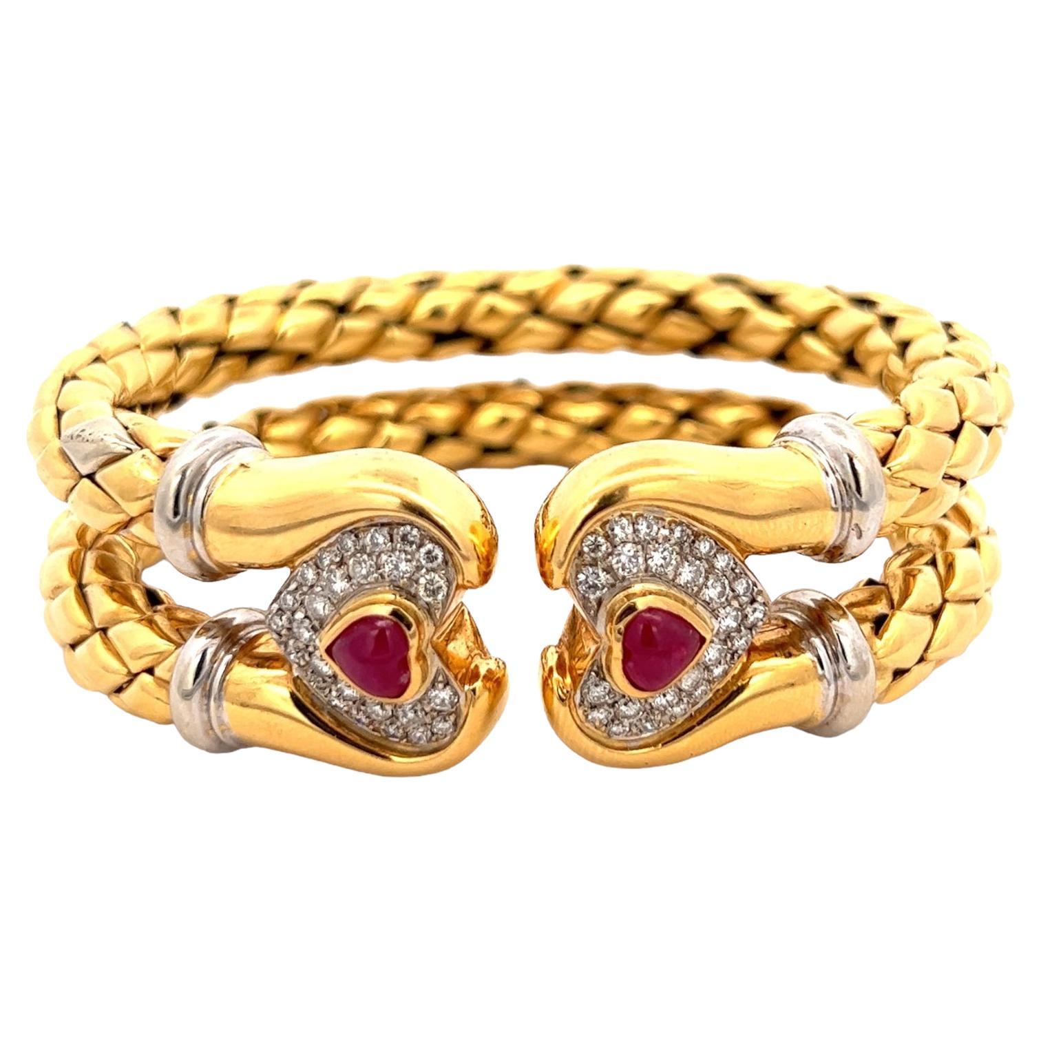 Chimento Diamond Ruby 18 Karat Yellow Gold Flexbile 2 Row Cuff Bracelet
