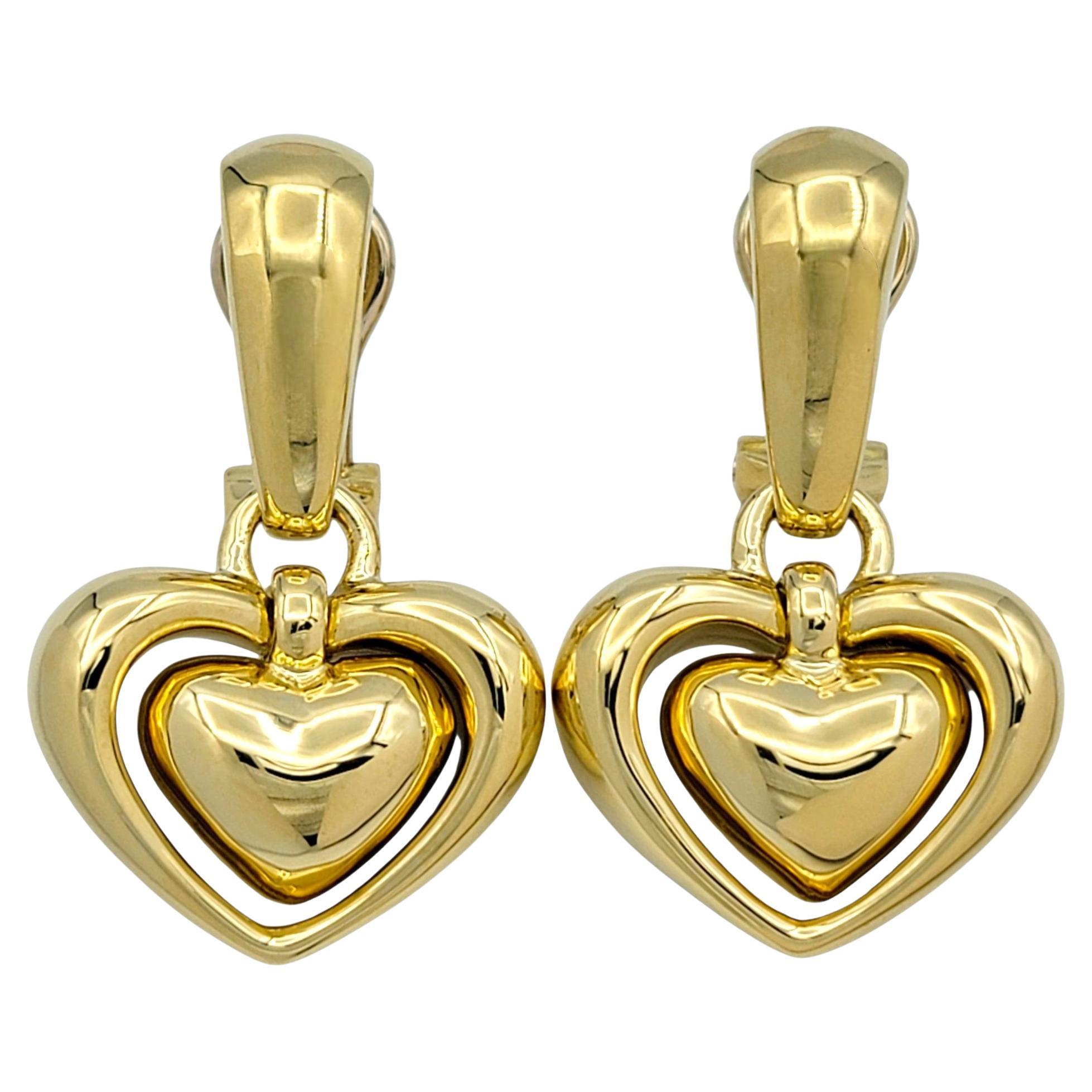 Pre-owned Chimento Double Heart Dangle Earrings In Polished 18 Karat Yellow Gold