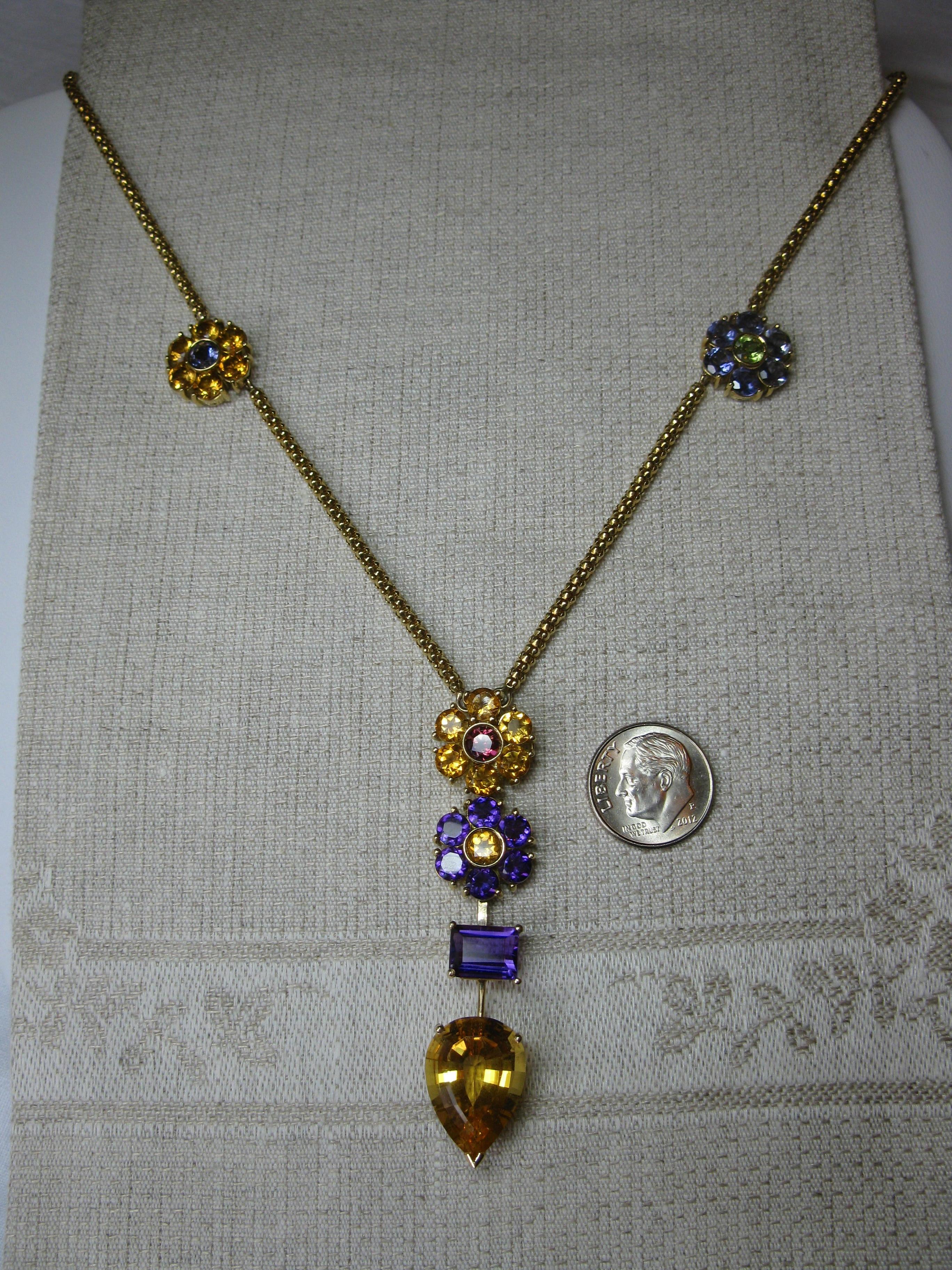 Collar Flor Chimento Citrino Tanzanita Amatista Peridoto Oro 18 Kilates Moderno Corte pera en venta