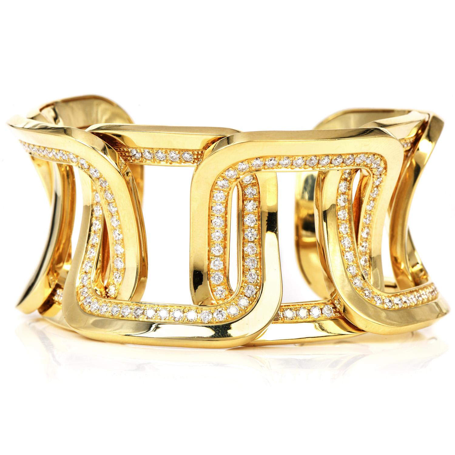 Modern Chimento High Polish 4.50cts Diamond 18k Gold Wide Cuff Bangle Bracelet