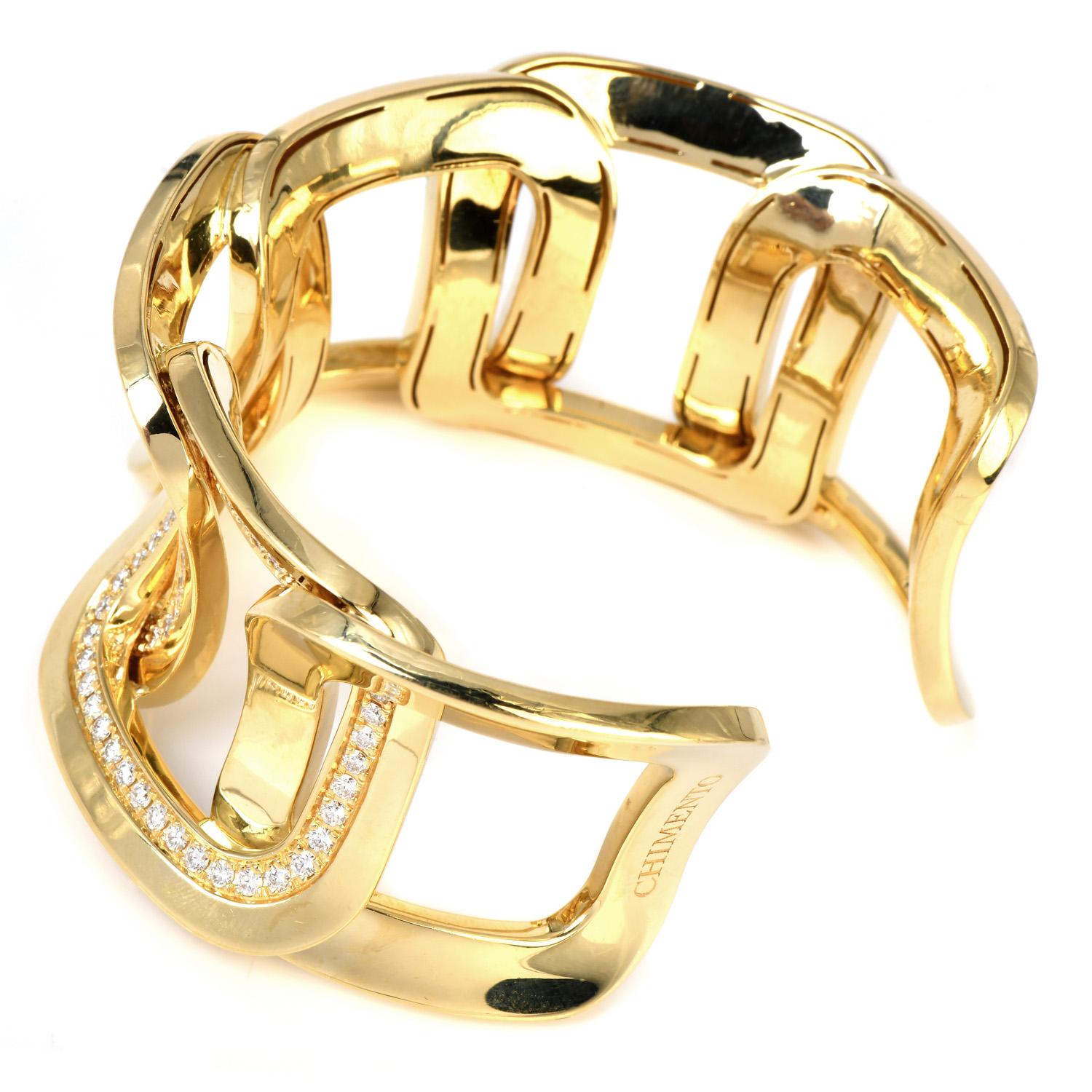 Women's or Men's Chimento High Polish 4.50cts Diamond 18k Gold Wide Cuff Bangle Bracelet