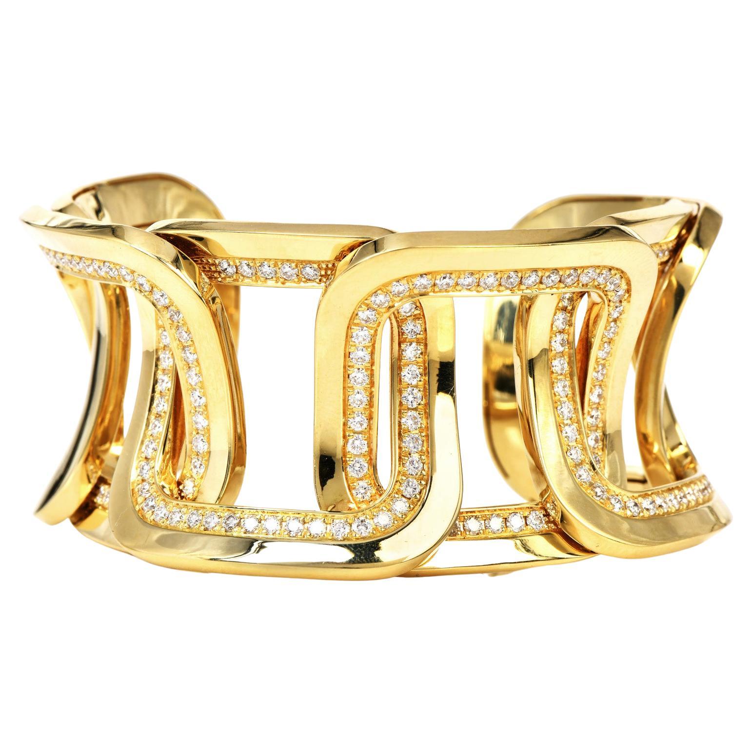 Chimento High Polish 4.50cts Diamond 18k Gold Wide Cuff Bangle Bracelet