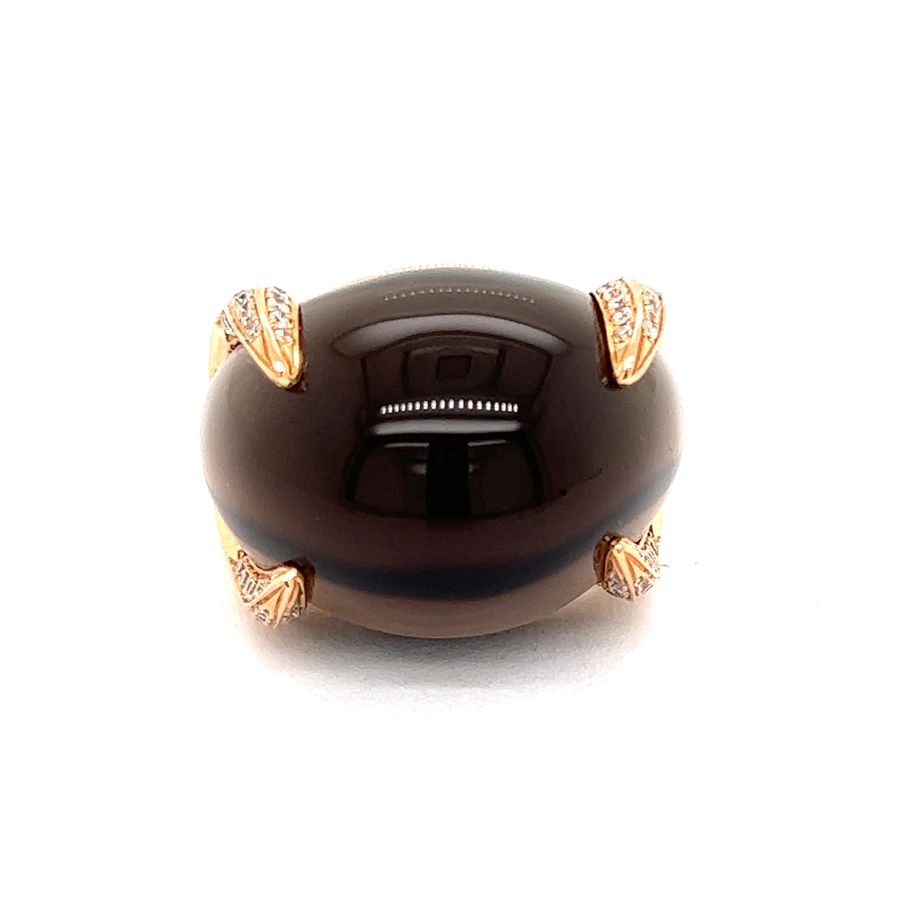 Bold. Stunning. Classic.  This Italian Designer, Chimento, smokey quartz ring is a stunner.  With a 37.95 carat smokey quartz you will be sure to make a statement.  There is approximately 14.90 grams of  18K rose gold. There are approximately .50