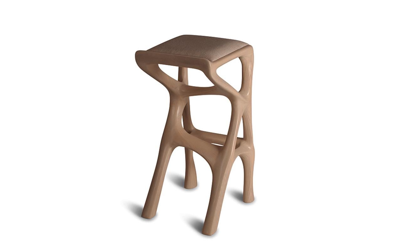 Organic Modern Chimera Bar Stool, Asian Sand stain, Ash wood, with Leather Upholstery by Amorph For Sale