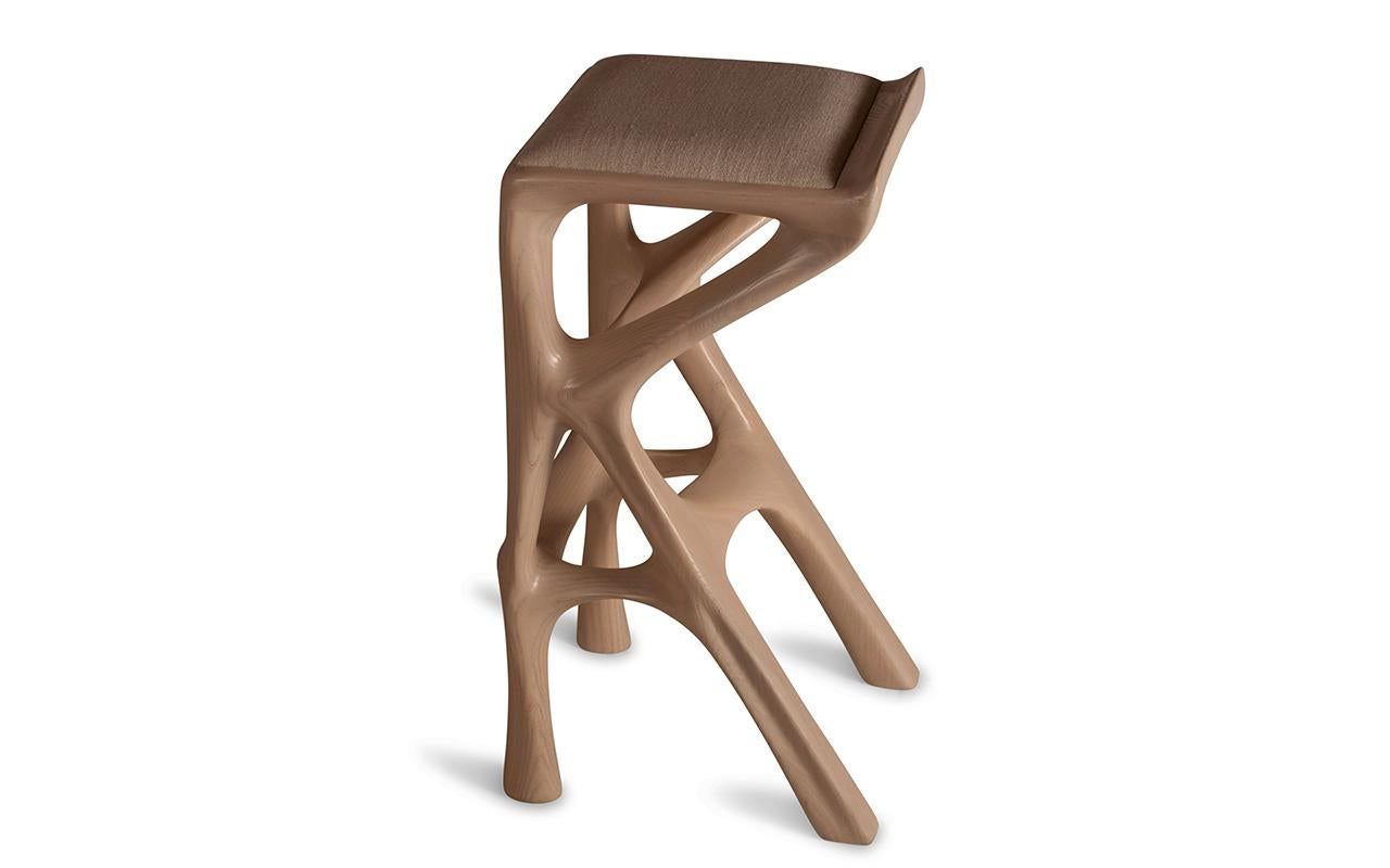 Carved Chimera Bar Stool, Asian Sand stain, Ash wood, with Leather Upholstery by Amorph For Sale