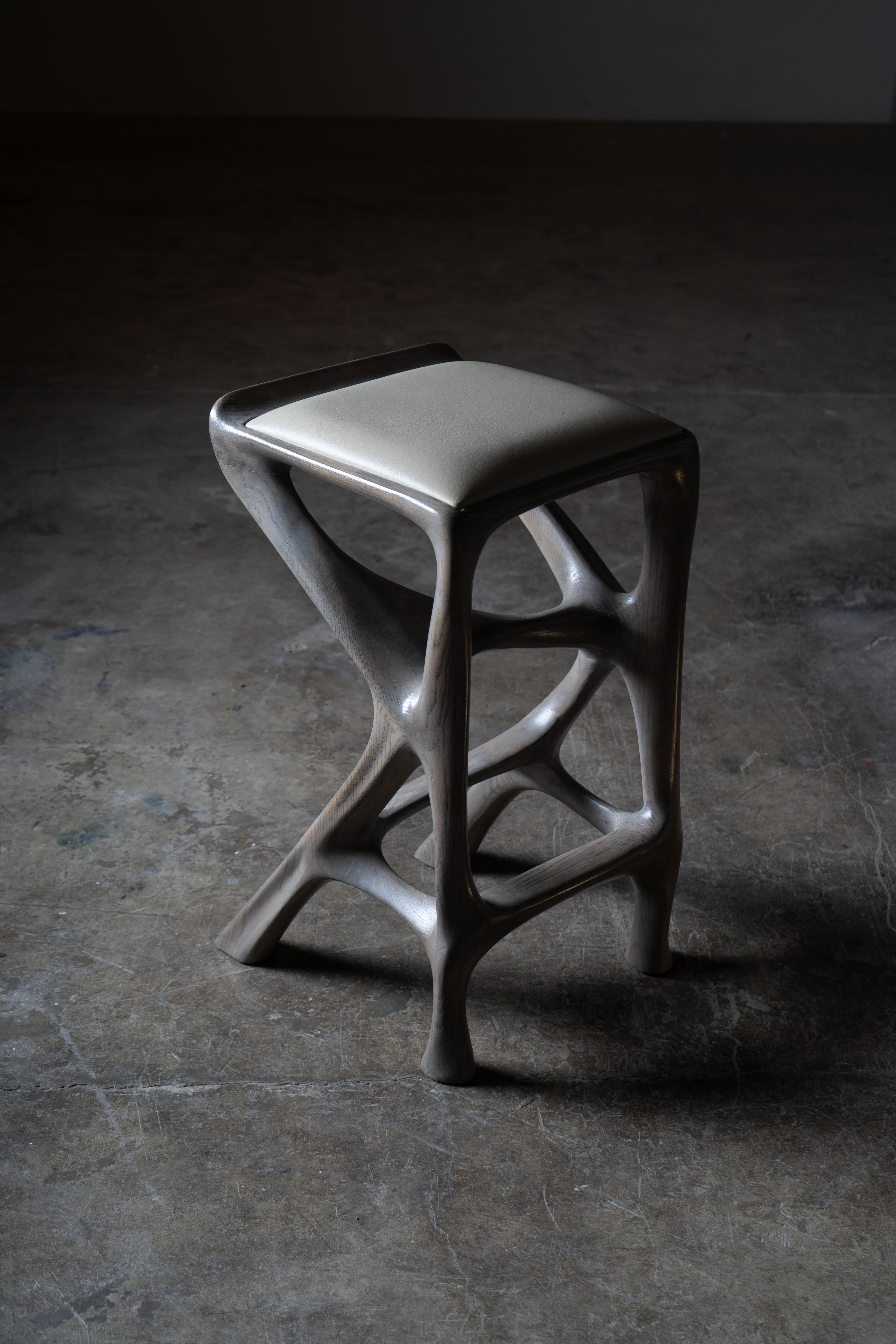 Contemporary Chimera Bar Stool, Asian Sand stain, Ash wood, with Leather Upholstery by Amorph For Sale