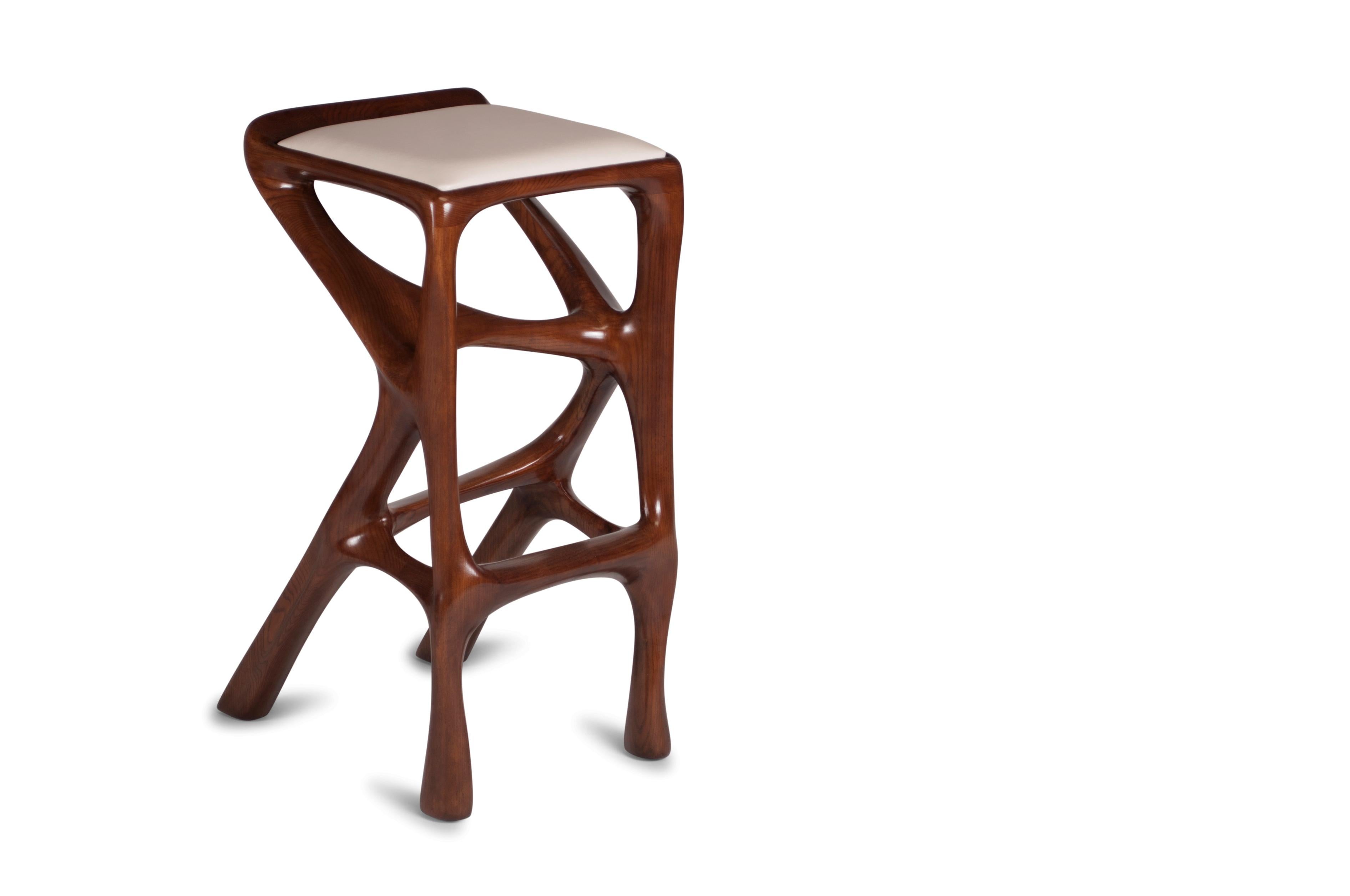 Wood Chimera Bar Stool, Asian Sand stain, Ash wood, with Leather Upholstery by Amorph For Sale