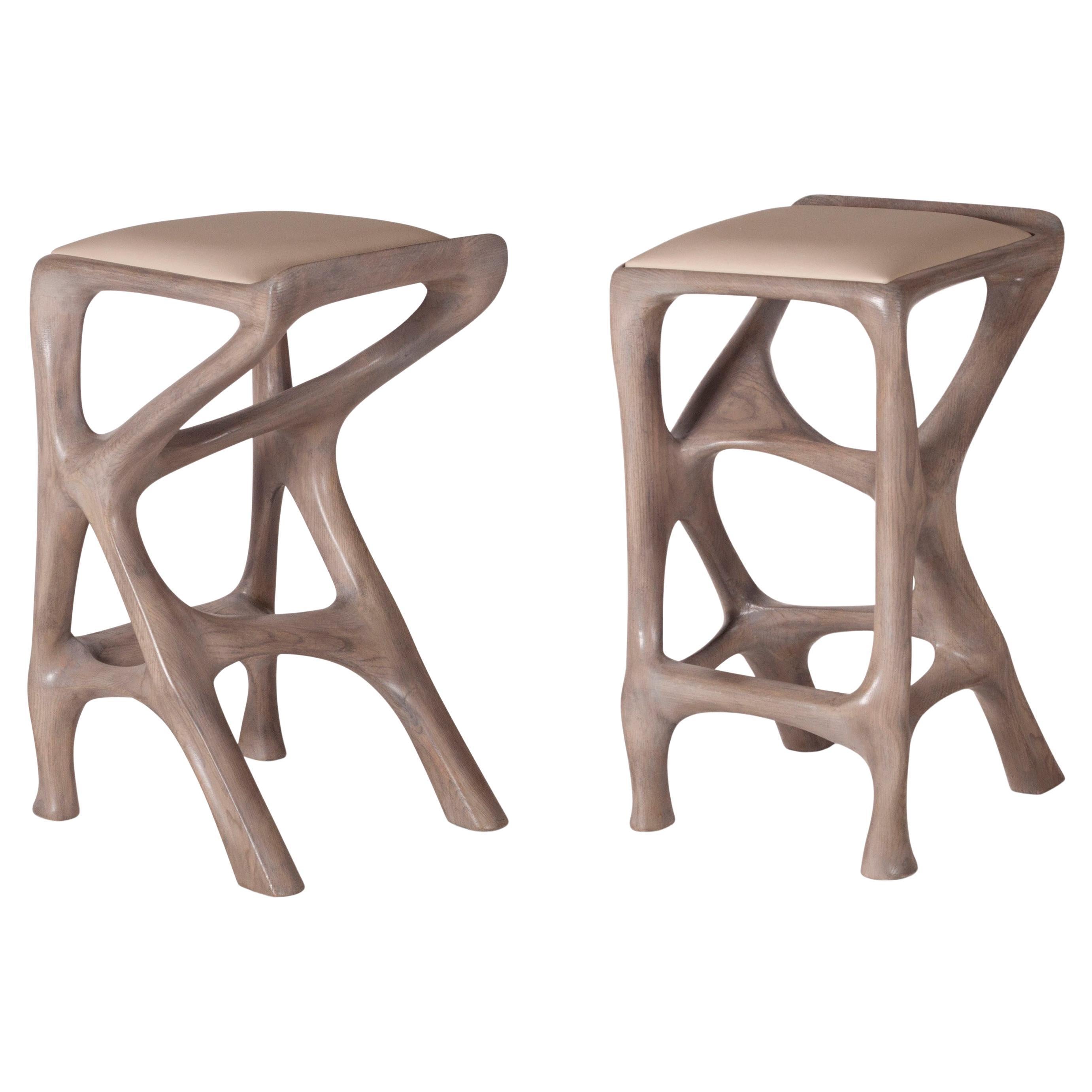 Chimera Bar Stool, Gray Oak stain, Ash wood, with Leather Upholstery by Amorph