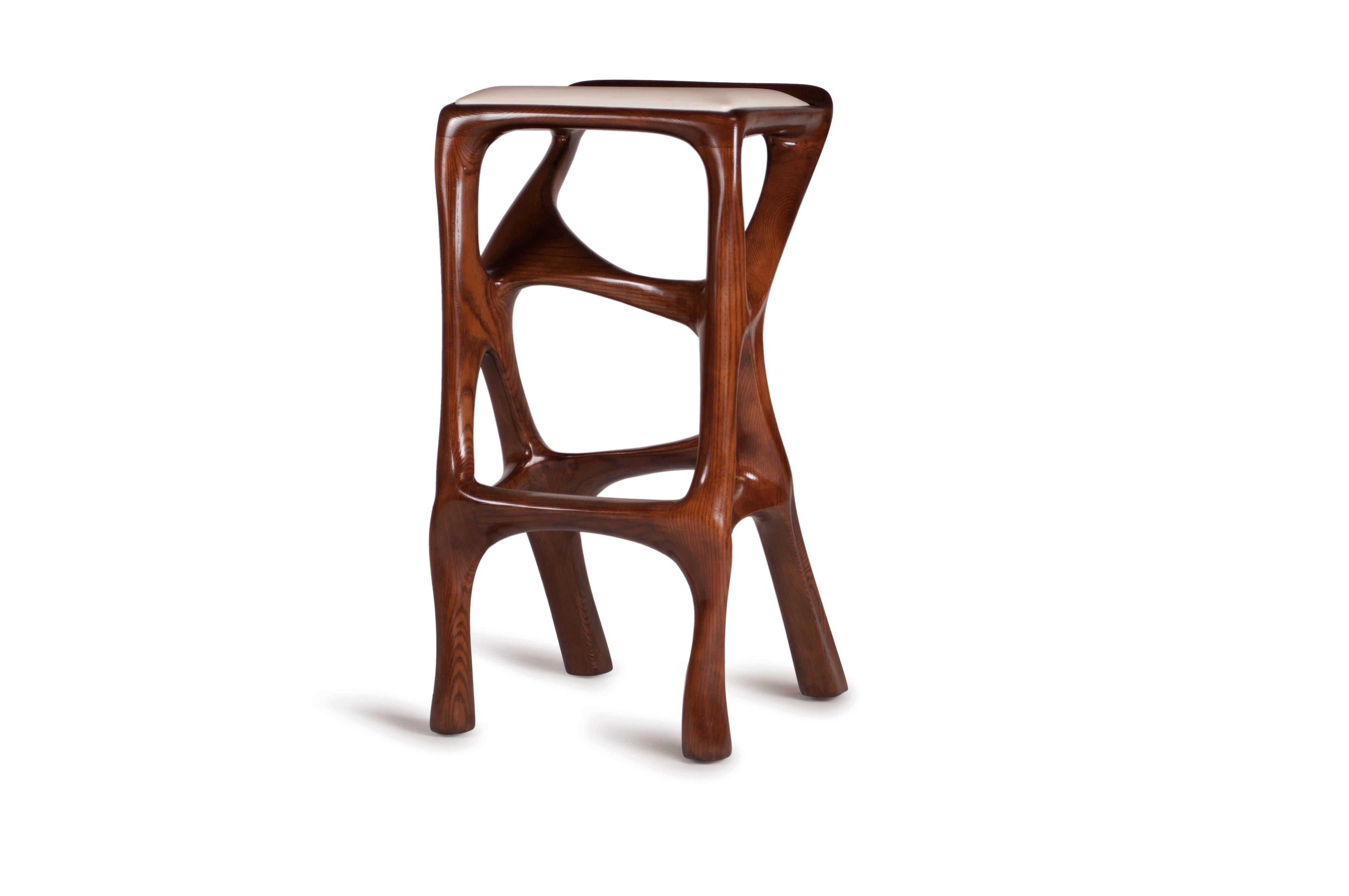 American Amorph Chimera Bar stool, Stained Walnut with leather upholstery  For Sale