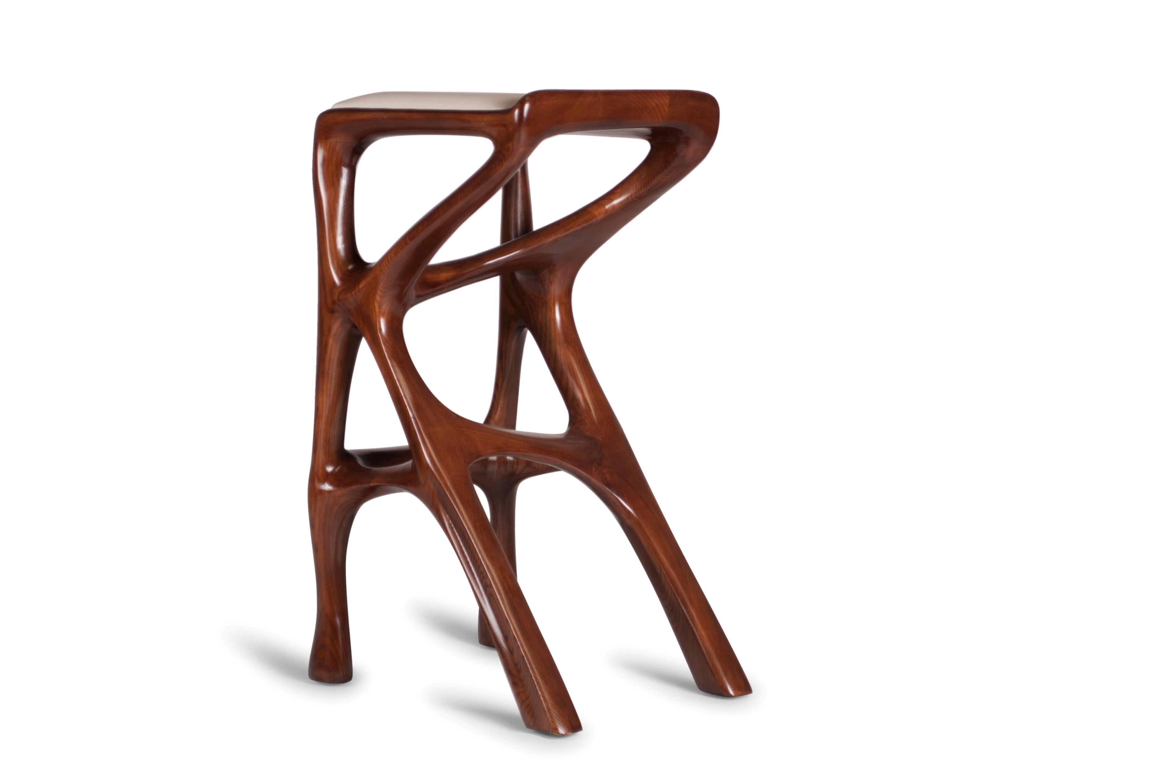 Contemporary Amorph Chimera Bar stool, Stained Walnut with leather upholstery For Sale