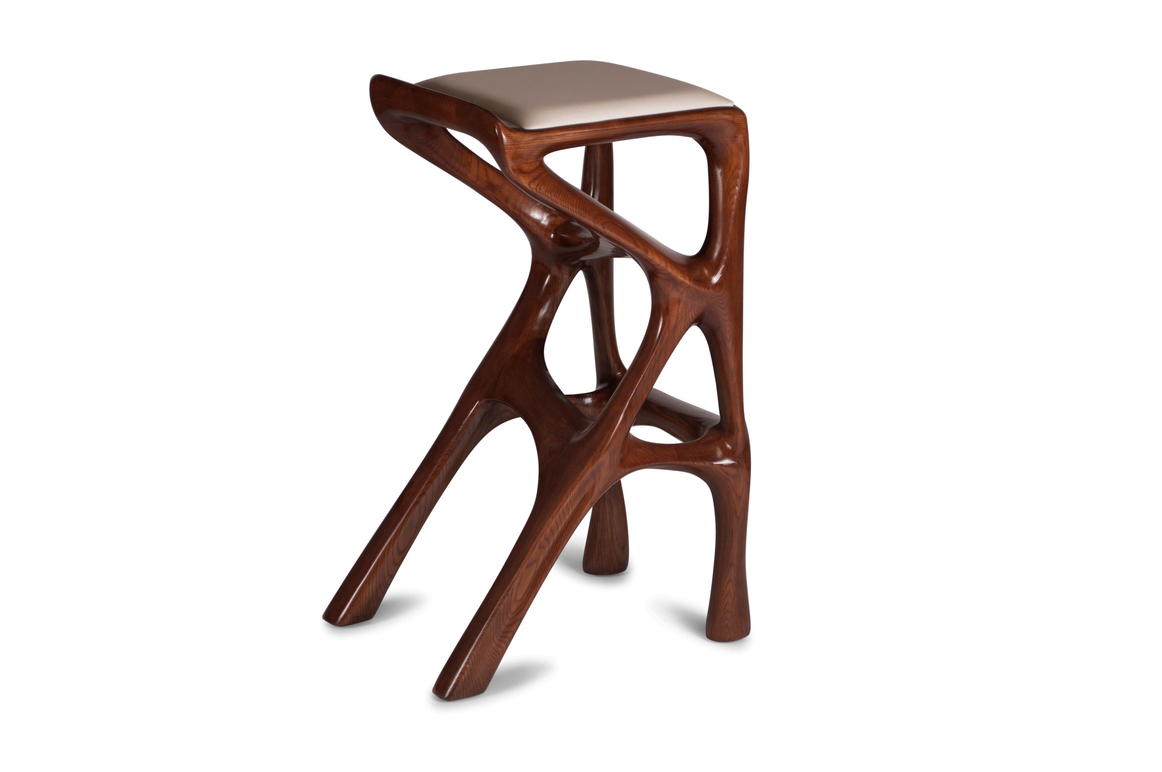 Leather Amorph Chimera Bar stool, Stained Walnut with leather upholstery  For Sale