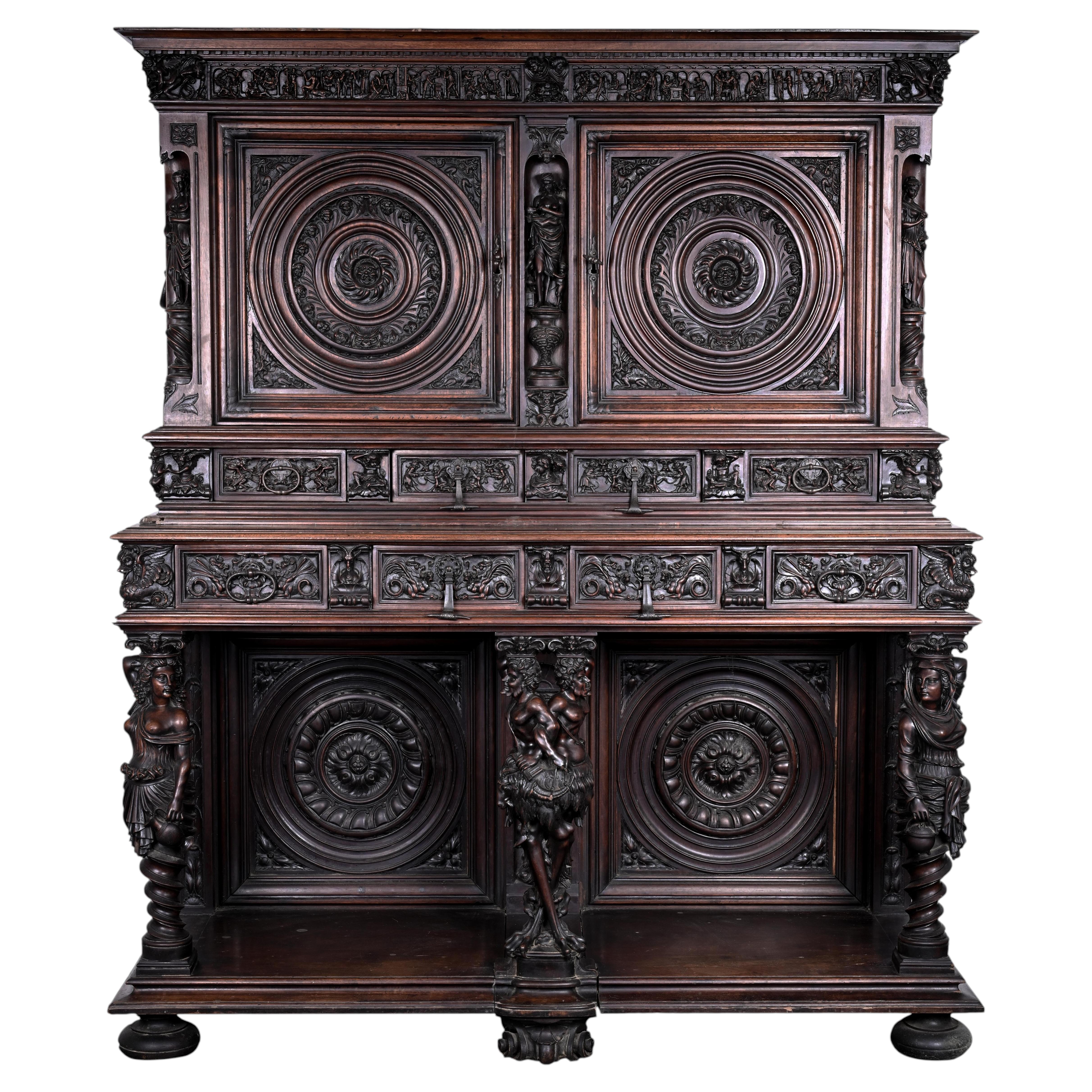 Chimeric Cupboard Sideboard, Hand-Carved Walnut, Italy, 1880