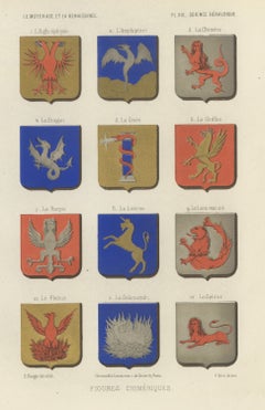 Chimerical Beasts in Heraldry, Dragons and Griffins, Antique Print, 1851