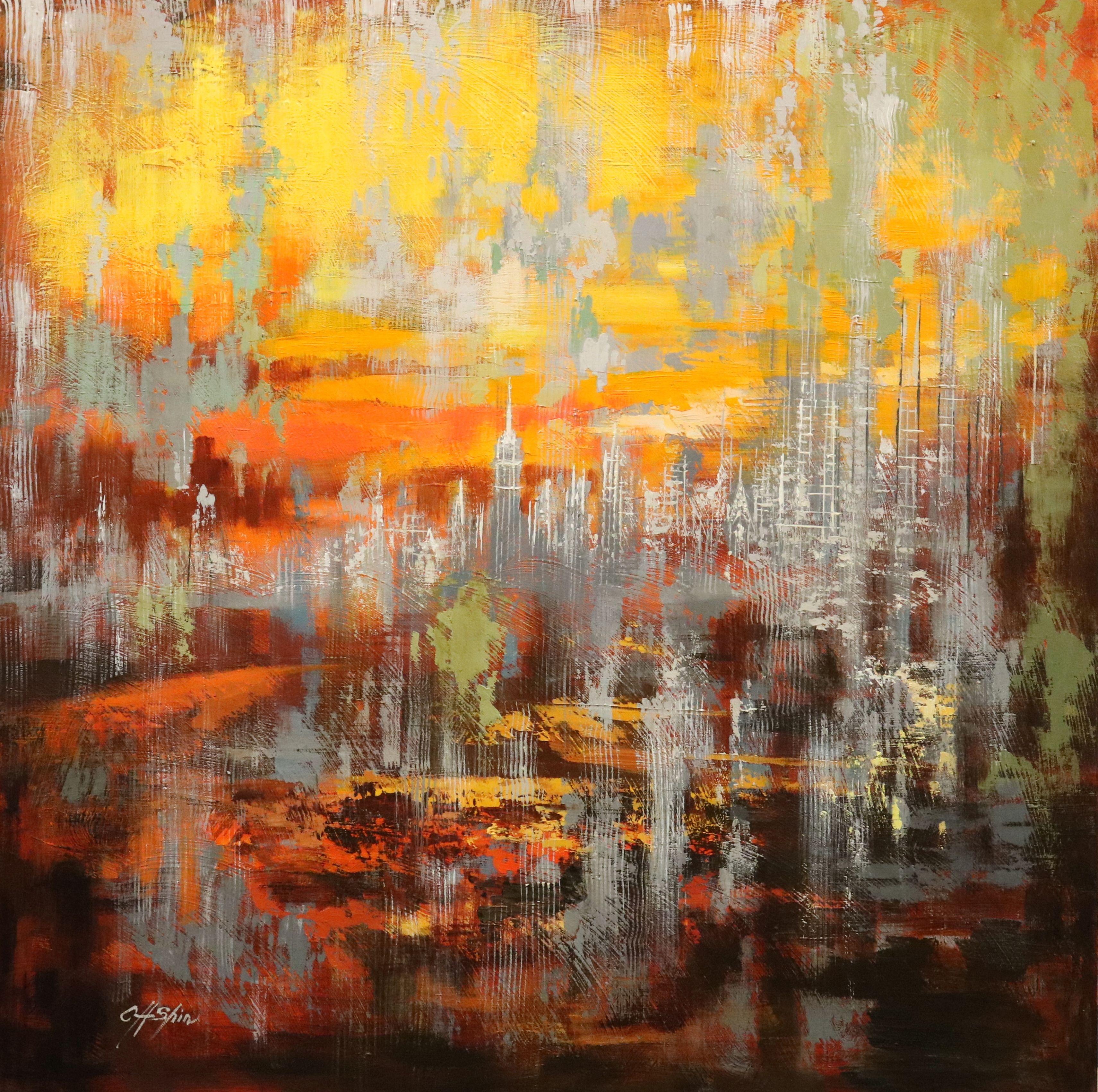 Scorcio di New York al tramonto, Pittura, Olio su tela - Painting di Chin H Shin