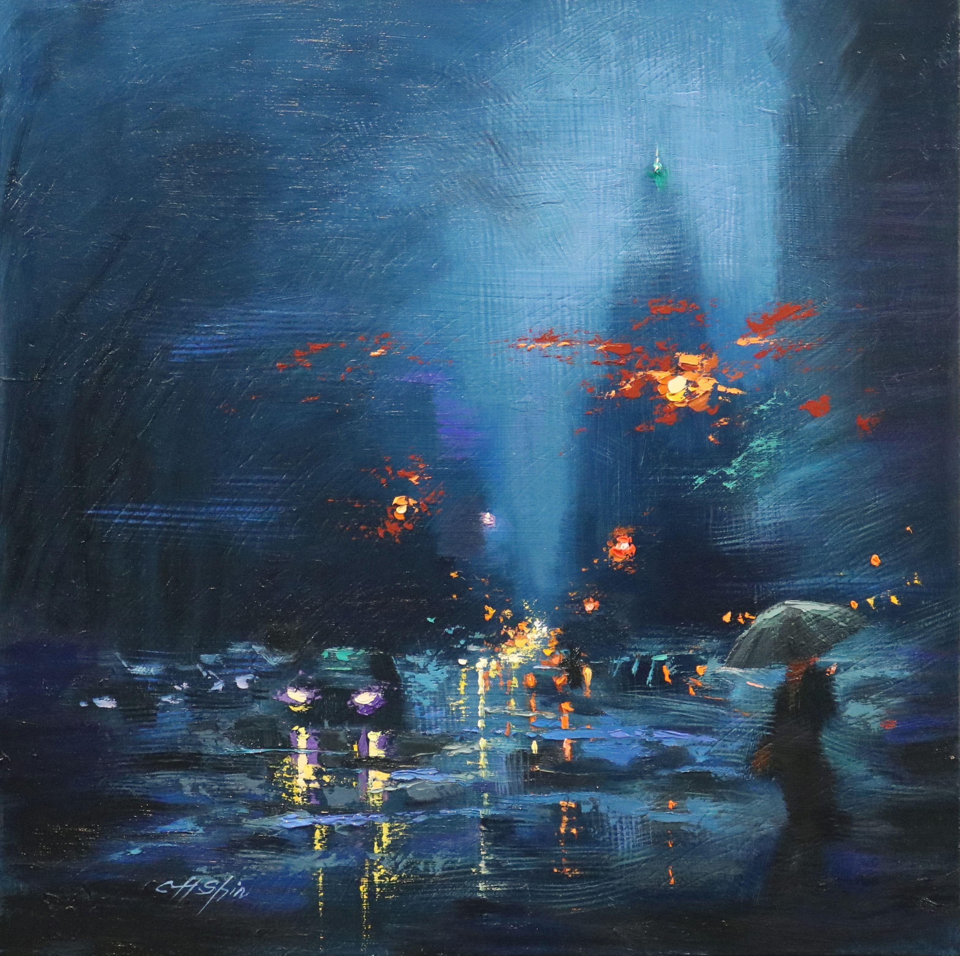 Oil on Canvas         24 x 24 x 1.5 inches         * Creating mysterious Blue Rain in Upper West Side, Manhattan    * continuous development on "Rainy Day" series    * Side is painted on Gallery Wrap style Canvas      :: Painting :: Contemporary ::