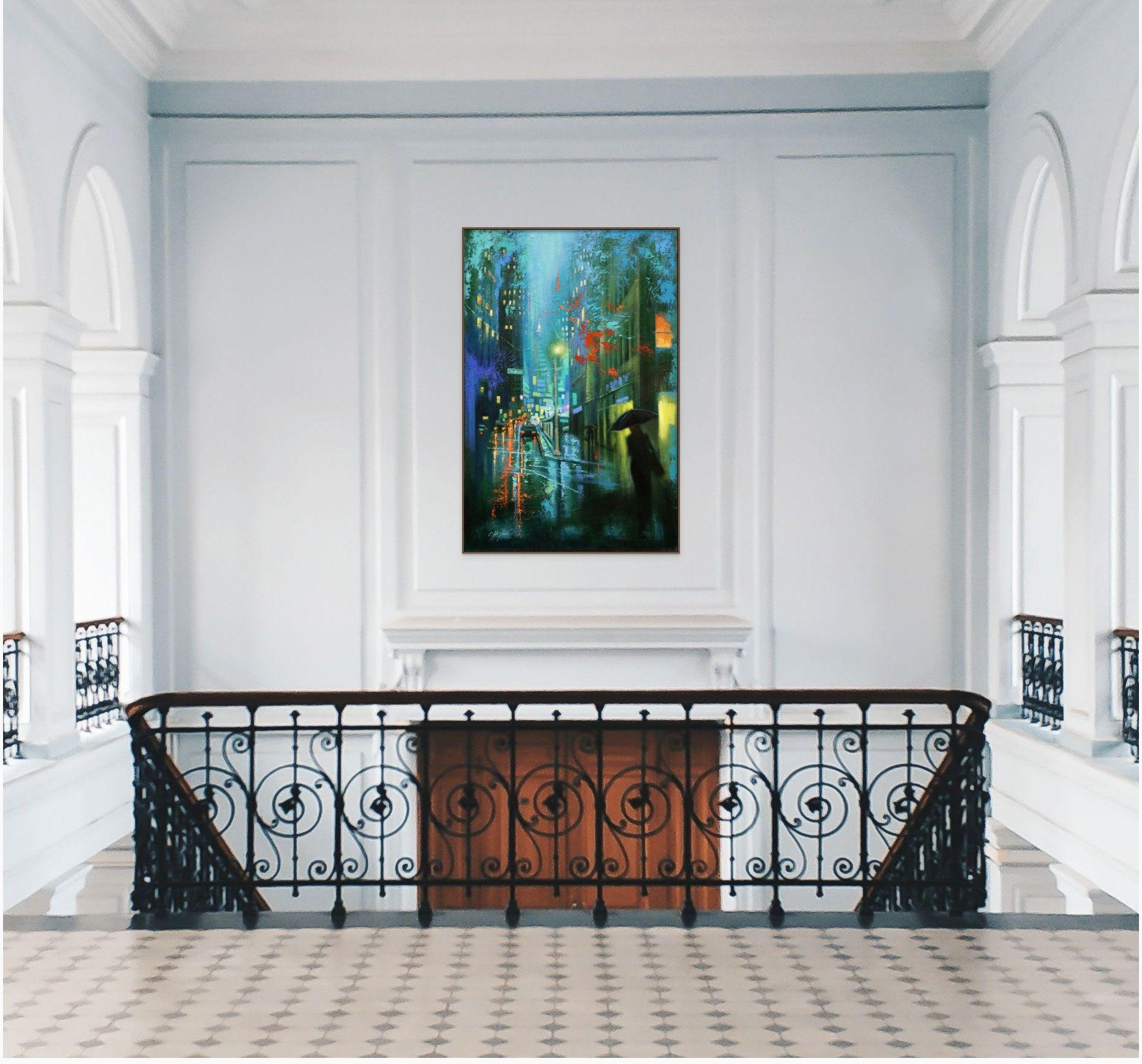 Óleo sobre lienzo    40 x 30 x 1,5 pulgadas    Este cuadro está inspirado en un malhumorado día de lluvia en Manhattan, exploro hermosas  Colores azules mezclados con amarillo  acento y utilizo una textura tridimensional para dar más profundidad, 