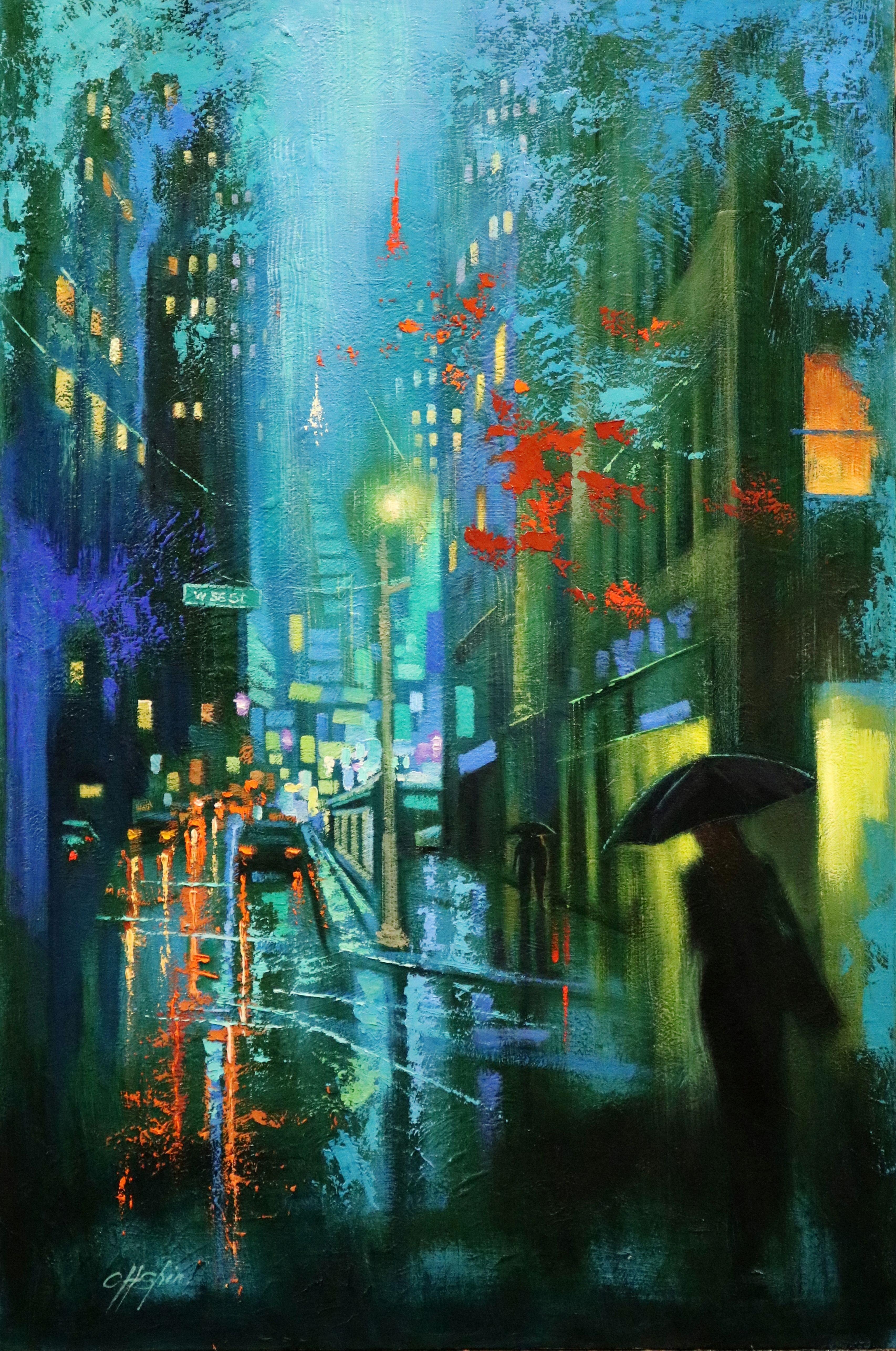 Lluvia en Broadway y paseantes nocturnos, Pintura, Óleo sobre lienzo - Painting de Chin H Shin