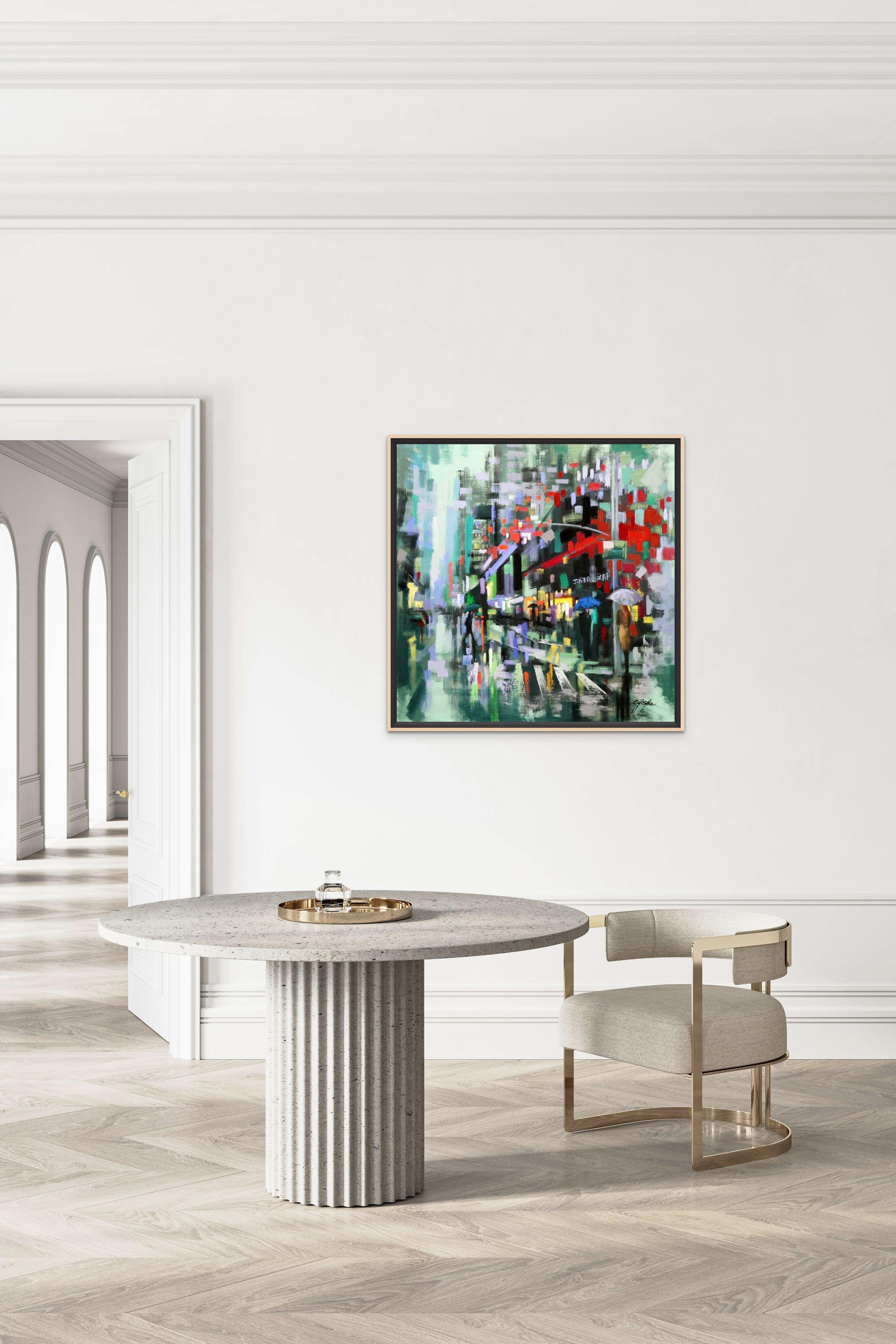 Olio su tela    36 x 36 x 1,5 pollici    Mentre camminavo lungo la Broadway dalla 57esima strada, una leggera pioggia iniziava a piovigginare-.  persone che si dirigono verso caffetterie e ristoranti, ad un certo punto, ho pensato che Greene &