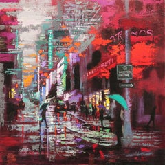 Crimson Evening in Time-Square, Painting, Oil on Wood Panel