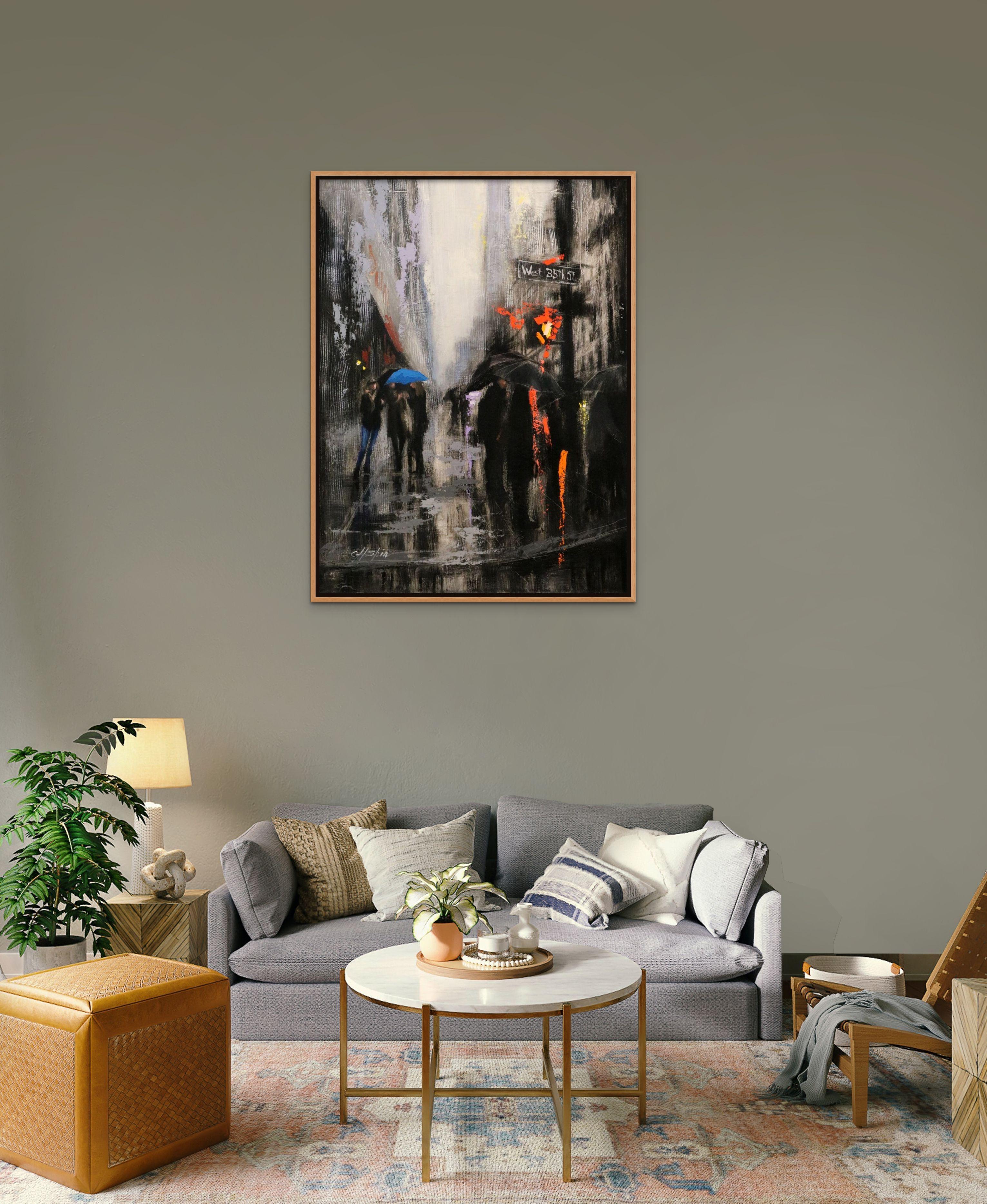 Dark Rainy Day in Fifth Avenue, Painting, Oil on Wood Panel For Sale 1