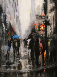 Peinture « Dark Rainy Day in Fifth Avenue », huile sur panneau de bois