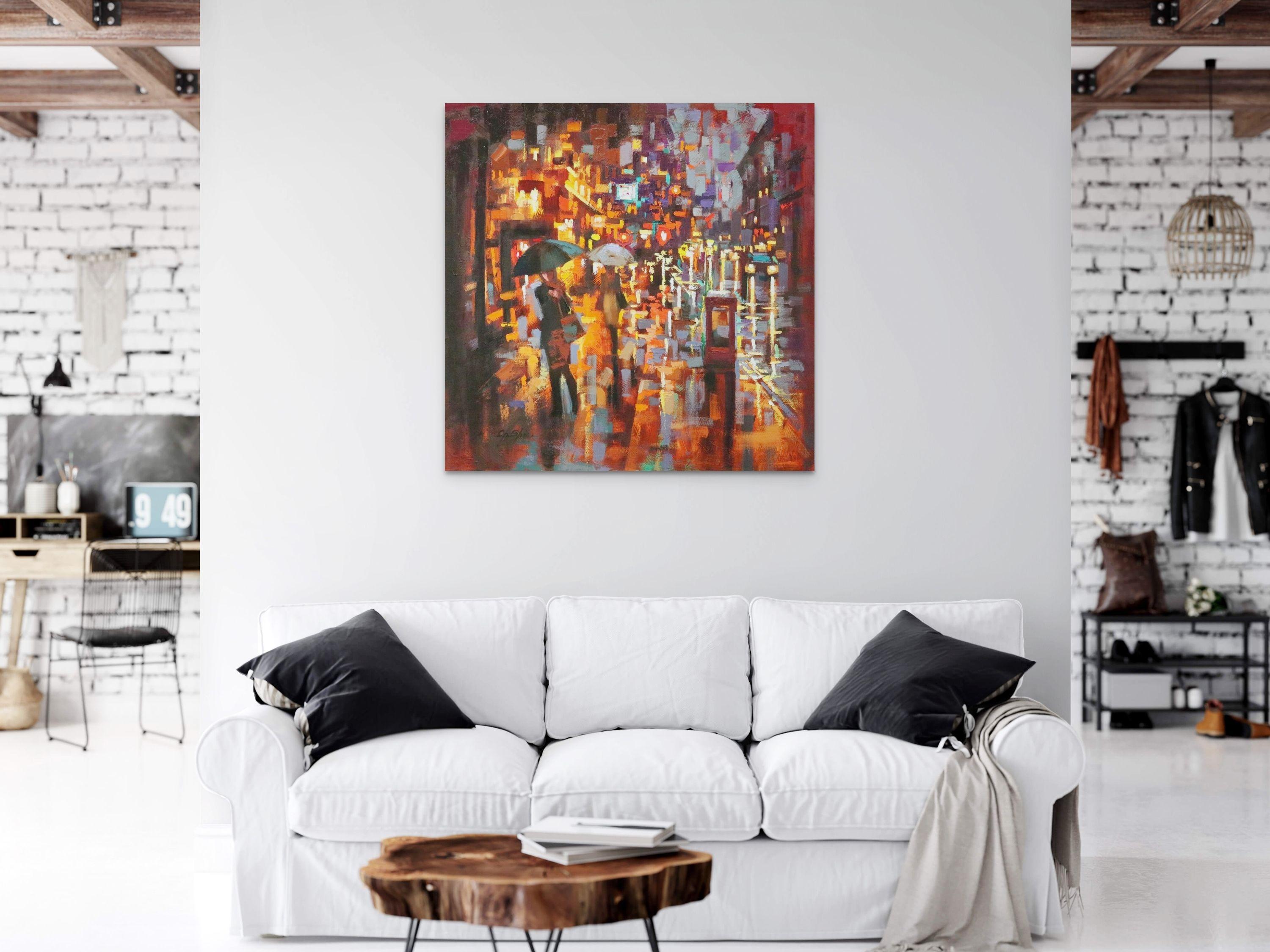 Pioggia serale in Sullivan Street, Pittura, Olio su tela in vendita 2