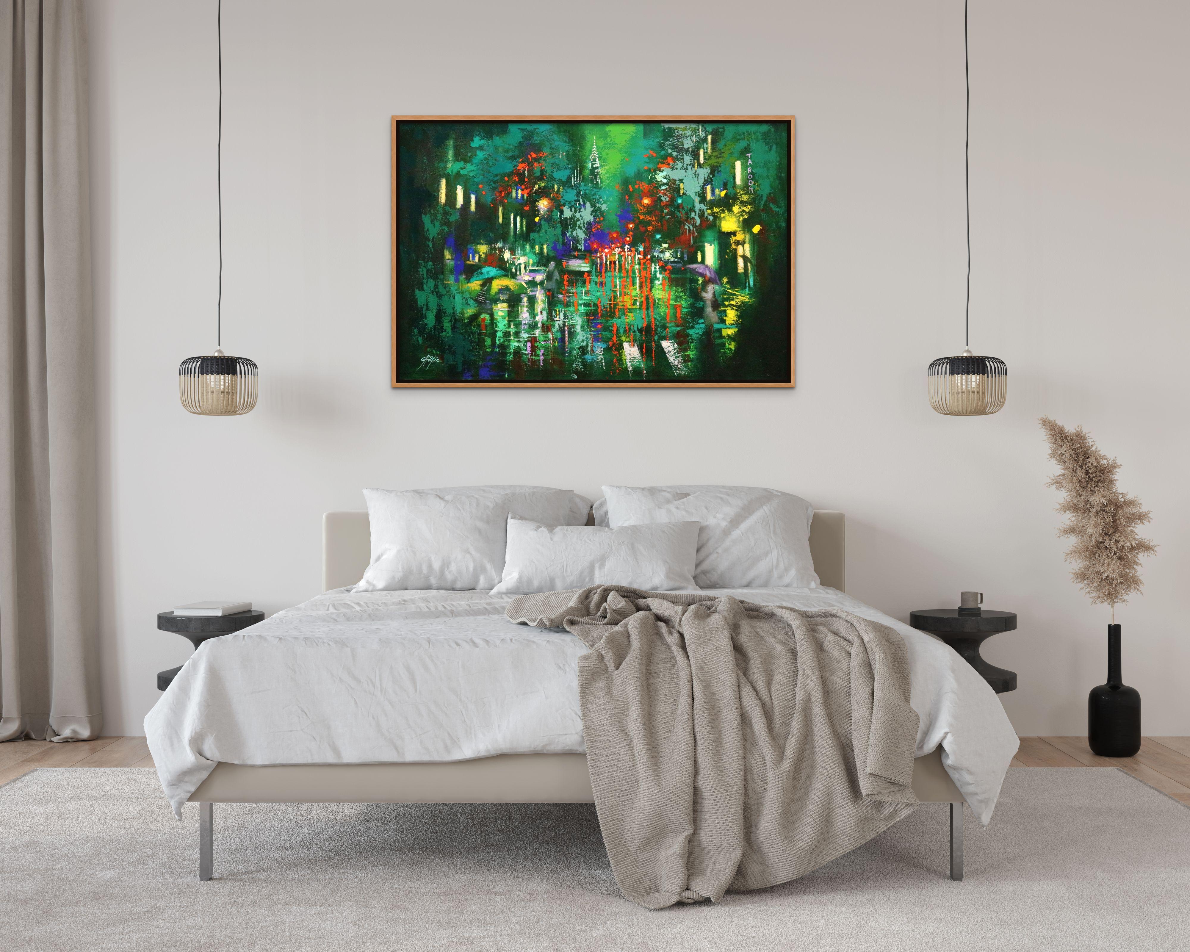 Green Rainy Evening in Midtown, Painting, Oil on Canvas For Sale 3