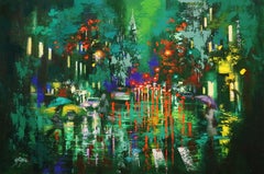 Green Rainy Evening in Midtown, Painting, Oil on Canvas