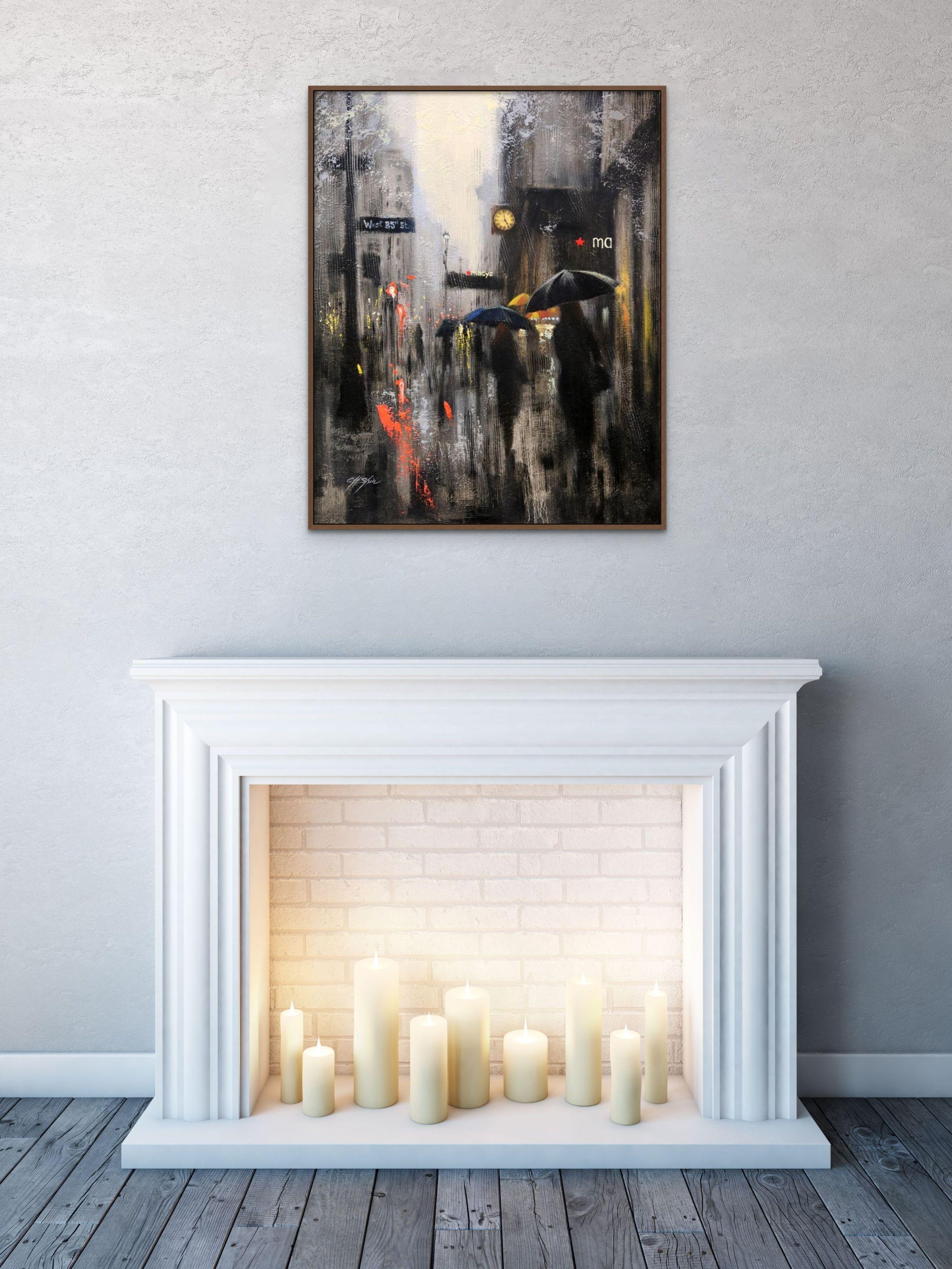 Olio su tela    30 x 24 x 1,5 pollici    da New York City    È un giorno di pioggia a New York, la gente passeggia davanti a Macy's,  Quasi le 17:00, l'oscurità in città non sembra mai svanire: che ne dici di  una tazza di caffè da Starbucks prima