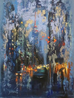 Myth of New York 3 Blue Evening, Painting, Oil on Wood Panel