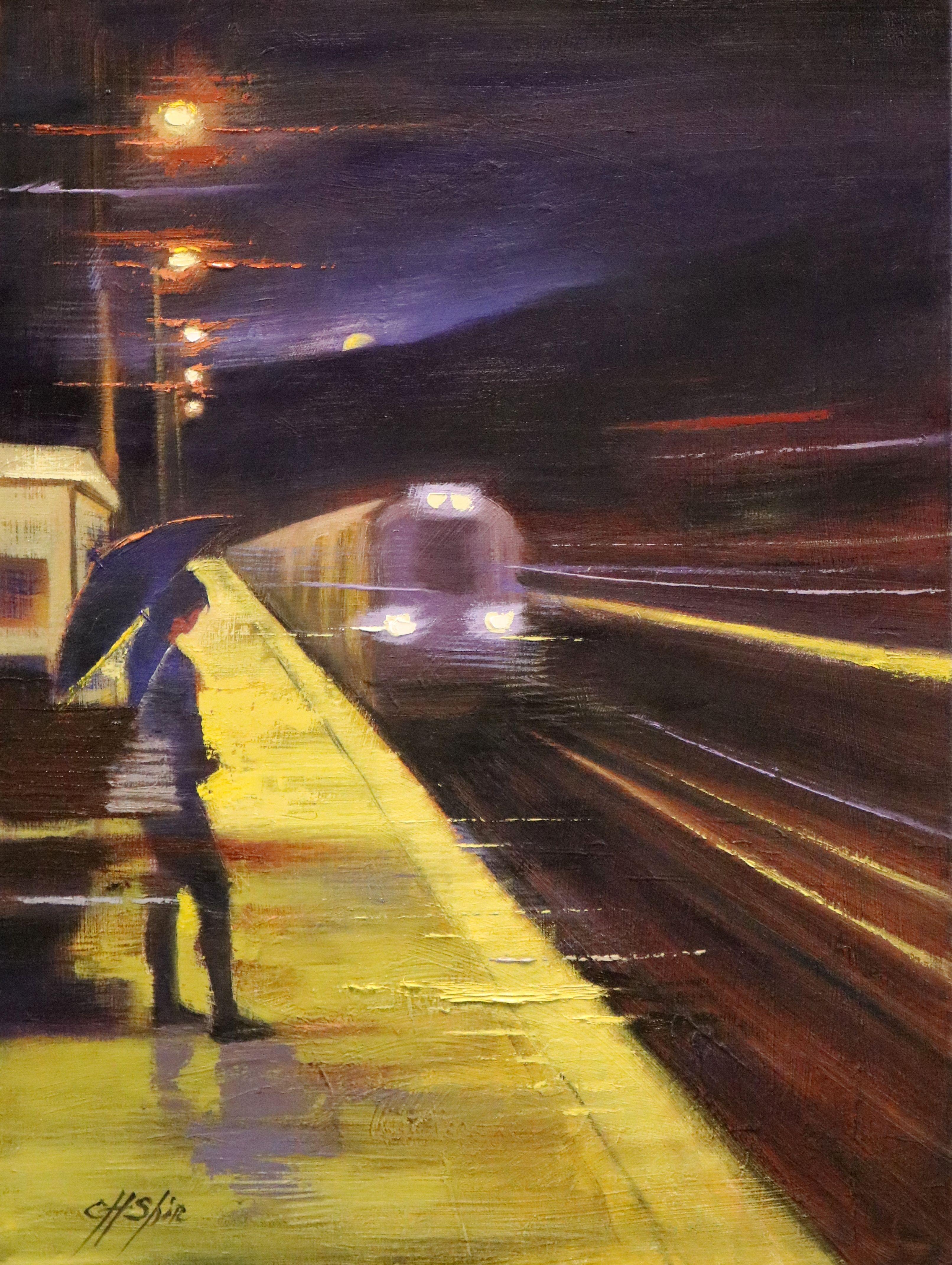 Train de nuit, peinture à l'huile sur toile - Painting de Chin H Shin