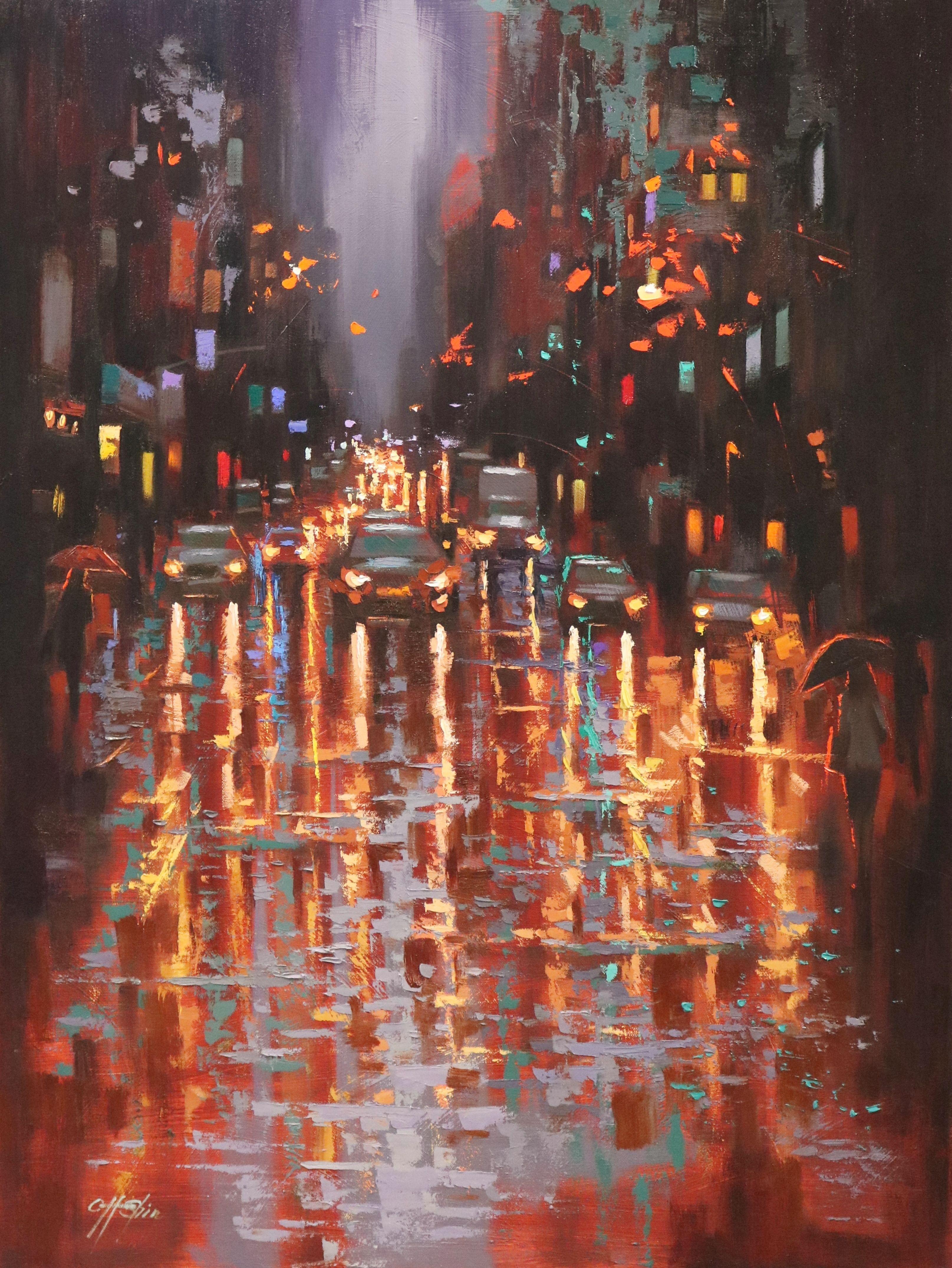 Peinture, huile sur toile Rainy Day Walkers in Lexington Avenue - Painting de Chin H Shin