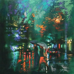 Rainy Day Walkers in Madison Avenue, Painting, Oil on Canvas
