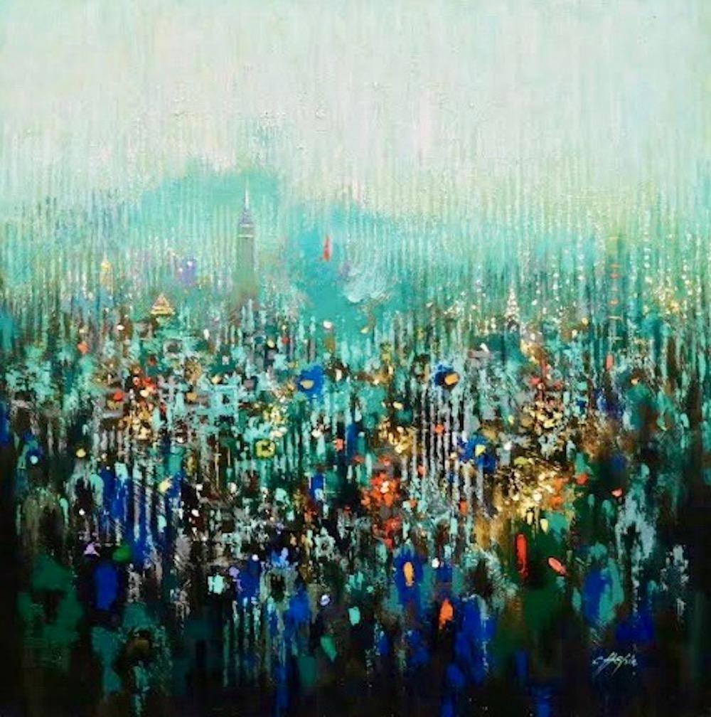 Chin H Shin Figurative Painting - Road to Chrysler - abstract expressionist cityscape gestural NYC urban modern