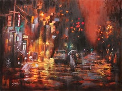SOHO RESTAURANT AFTER SHOWER, Painting, Oil on Canvas