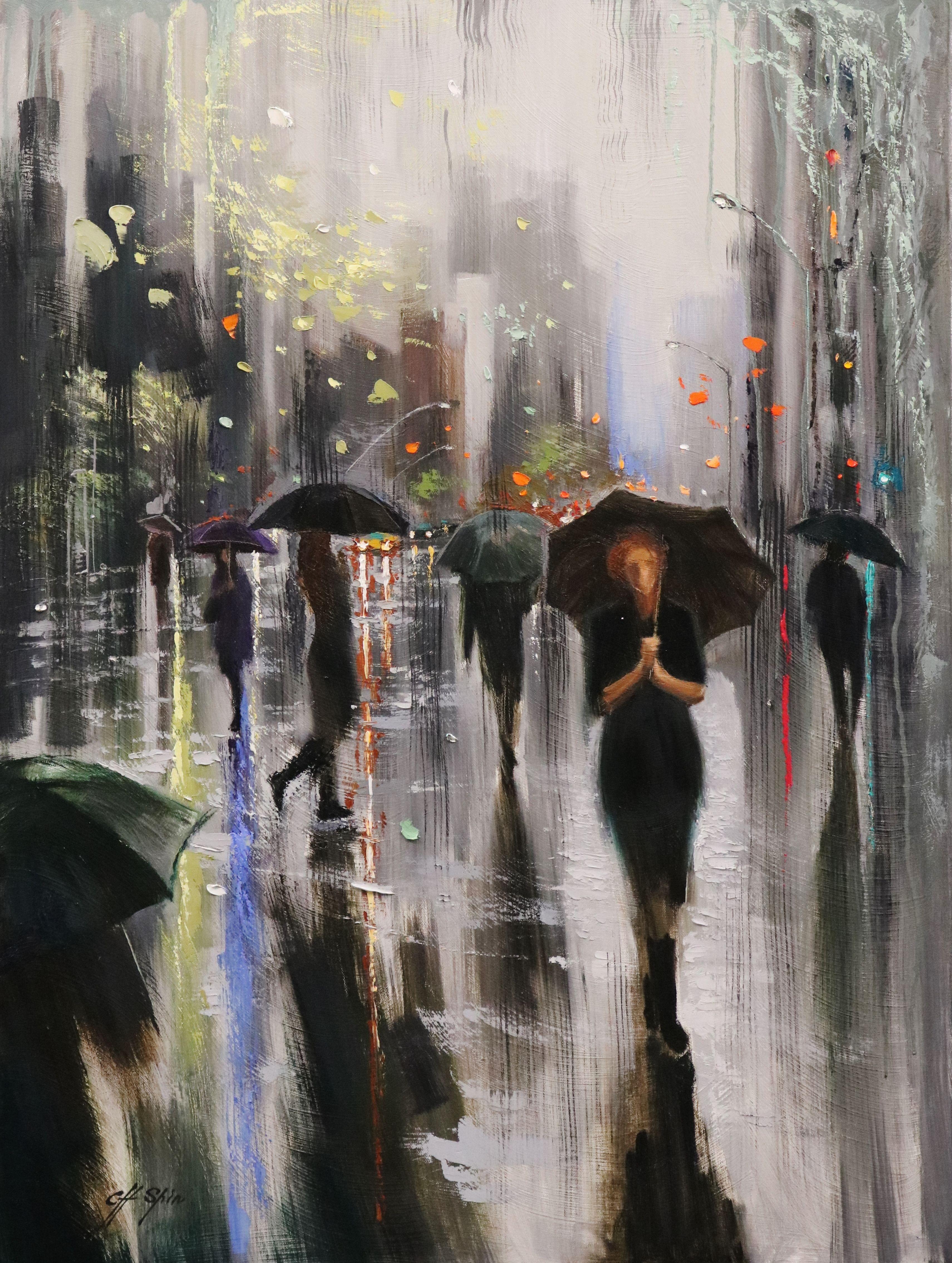 Oil on Canvas    40 x 30 x 1.5 inches    from New York City    This Painting shows streets of New York in early Spring.  People walking around holding all different colors of umbrella,  Everyone was waiting for Spring, because this Spring will 