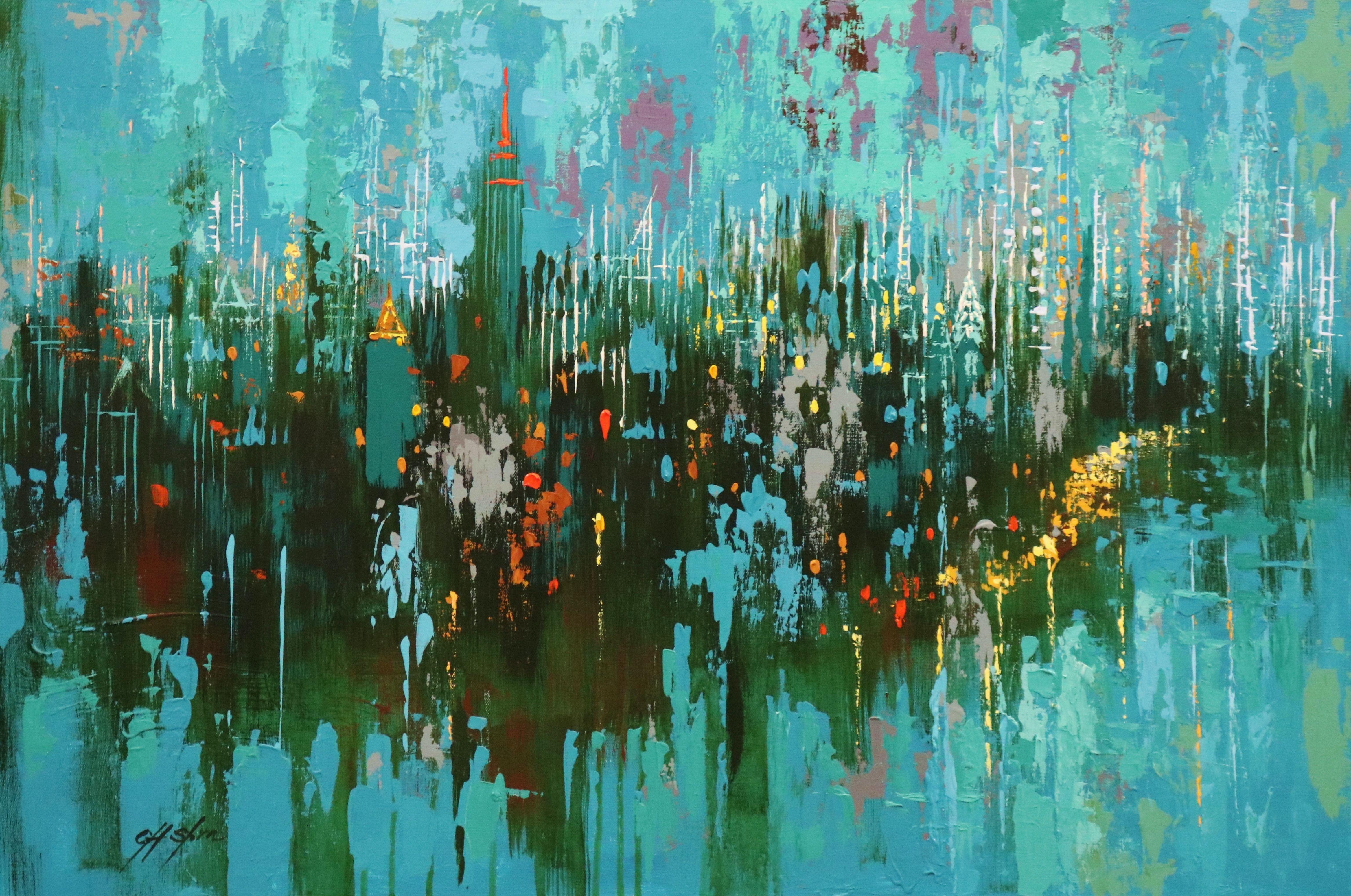 El mito del puerto de Nueva York, Pintura, Óleo sobre lienzo - Painting de Chin H Shin