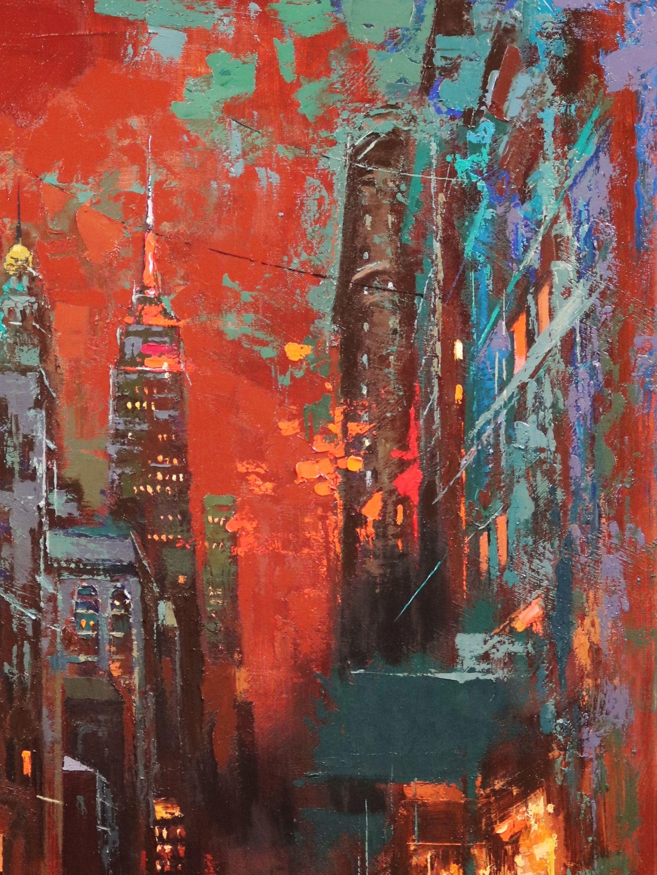 Le ciel rouge et le mythe de New York, peinture à l'huile sur toile - Contemporain Painting par Chin H Shin
