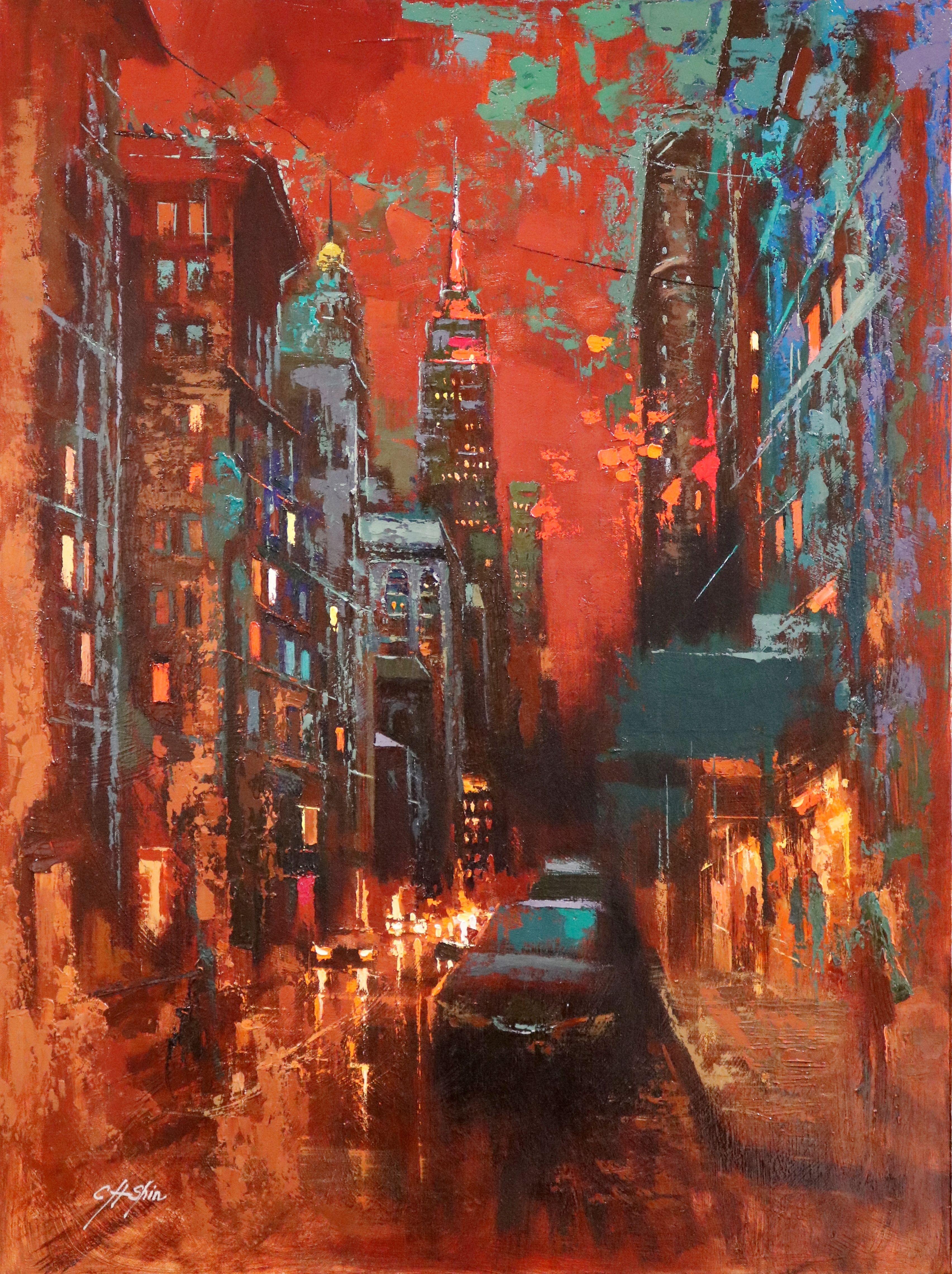 Le ciel rouge et le mythe de New York, peinture à l'huile sur toile - Painting de Chin H Shin