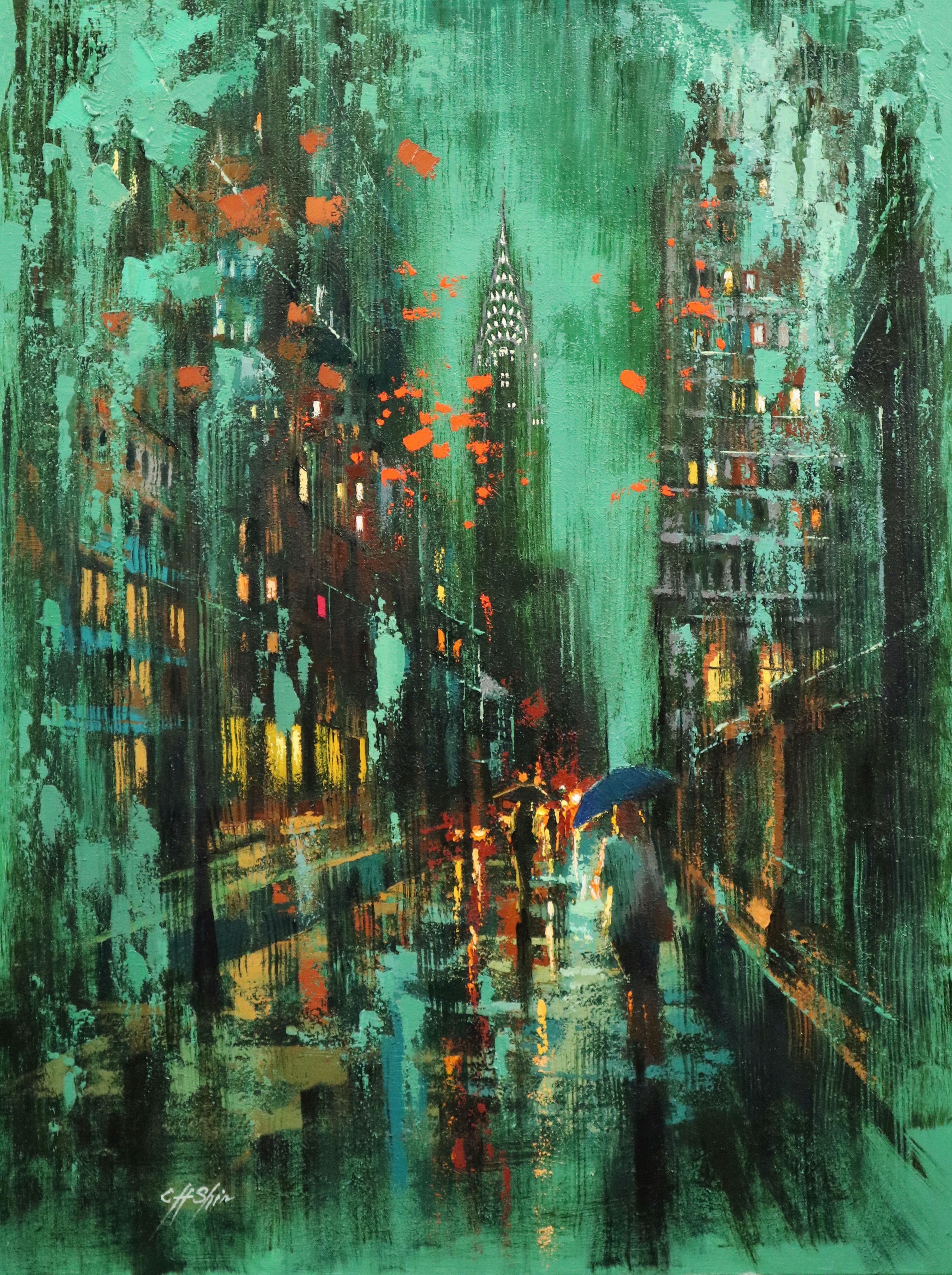 Verso Lexington Avenue in una giornata di pioggia, Pittura, Olio su tela - Painting di Chin H Shin