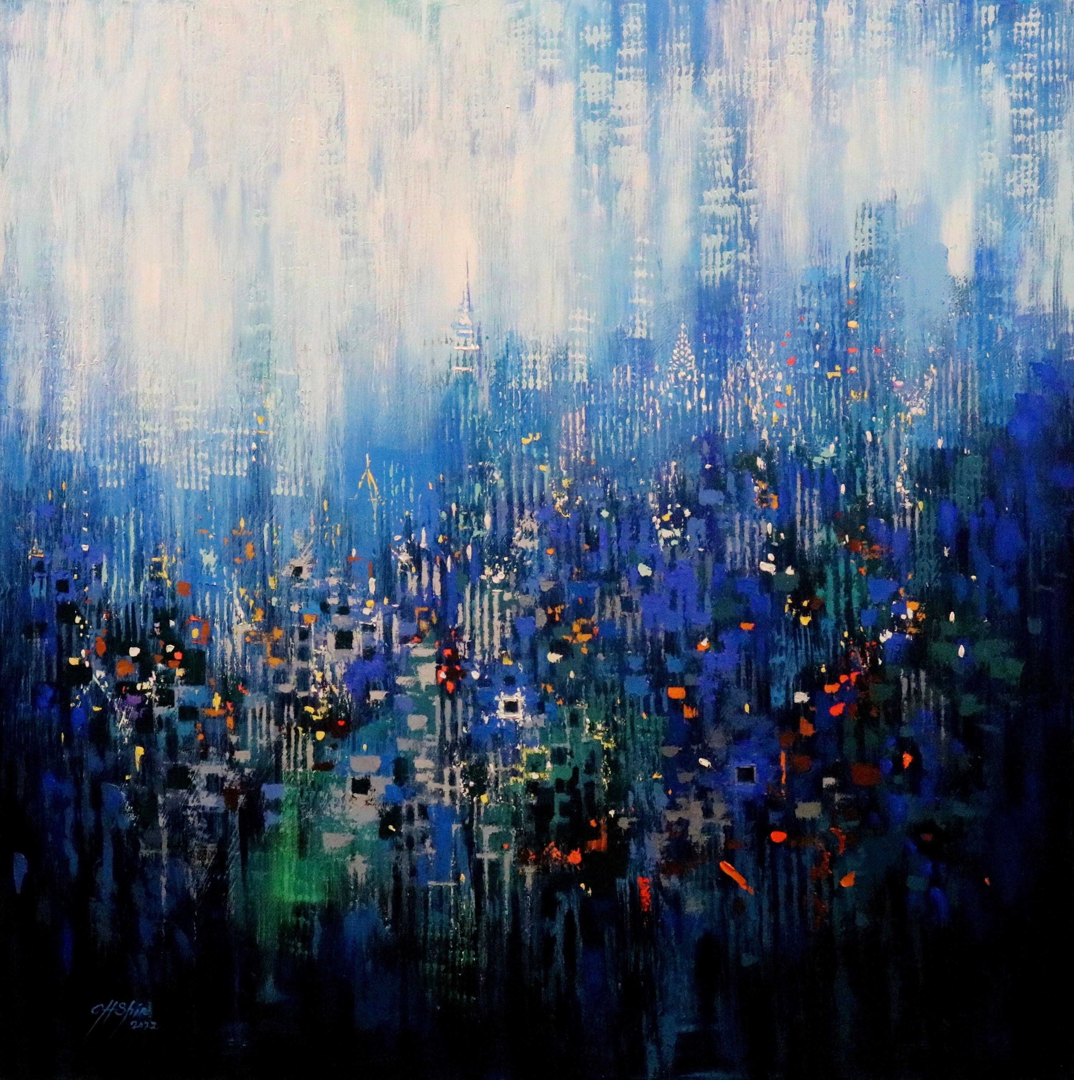 Peinture à l'huile sur toile « Urban Forest 15 », bleu - Painting de Chin H Shin