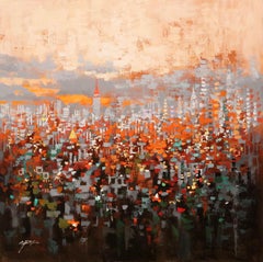 Urban Forest 18, Sonnenuntergang, Gemälde, Öl auf Leinwand
