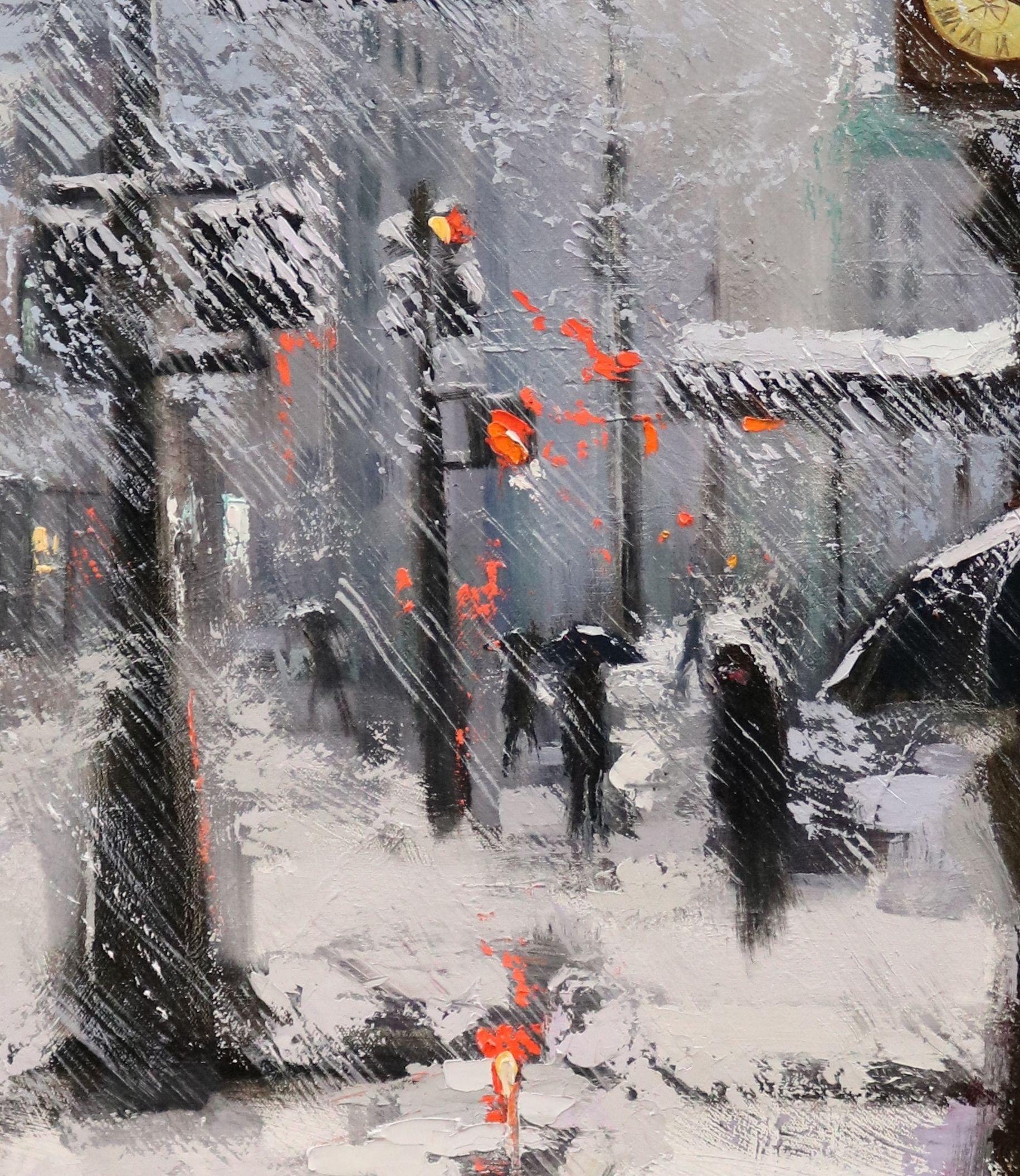 Oil on Canvas    40 x 30 x 1.5 inches    There is White Snow in front of Macy's New York People walking around here and there, not many cars here since there was significant amount of snow in the city.How about a cup of warm coffee before a walk?   