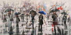 Winter Rainy Day Walkers 3, Painting, Oil on Canvas