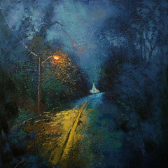 Blue Rain and White Church, Painting, Oil on Canvas