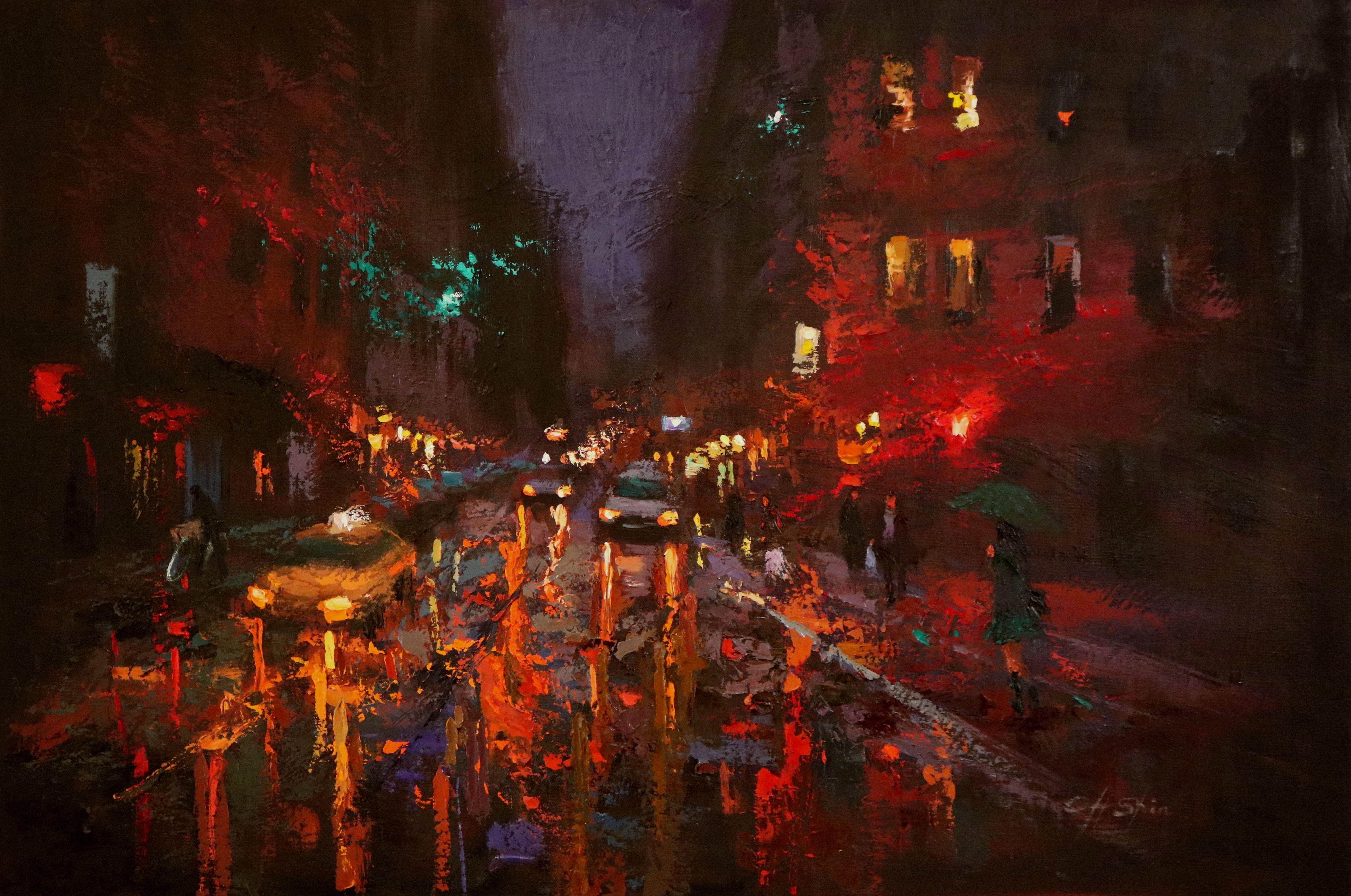 Painting: Oil on Canvas.    One of kind Original Oil painting    side is painted in Black on Gallery wrap canvas    * maybe it's between Bleecker and Sullivan street New Yotk City.....    * inspired by Night colors    * inspired by Music    * this
